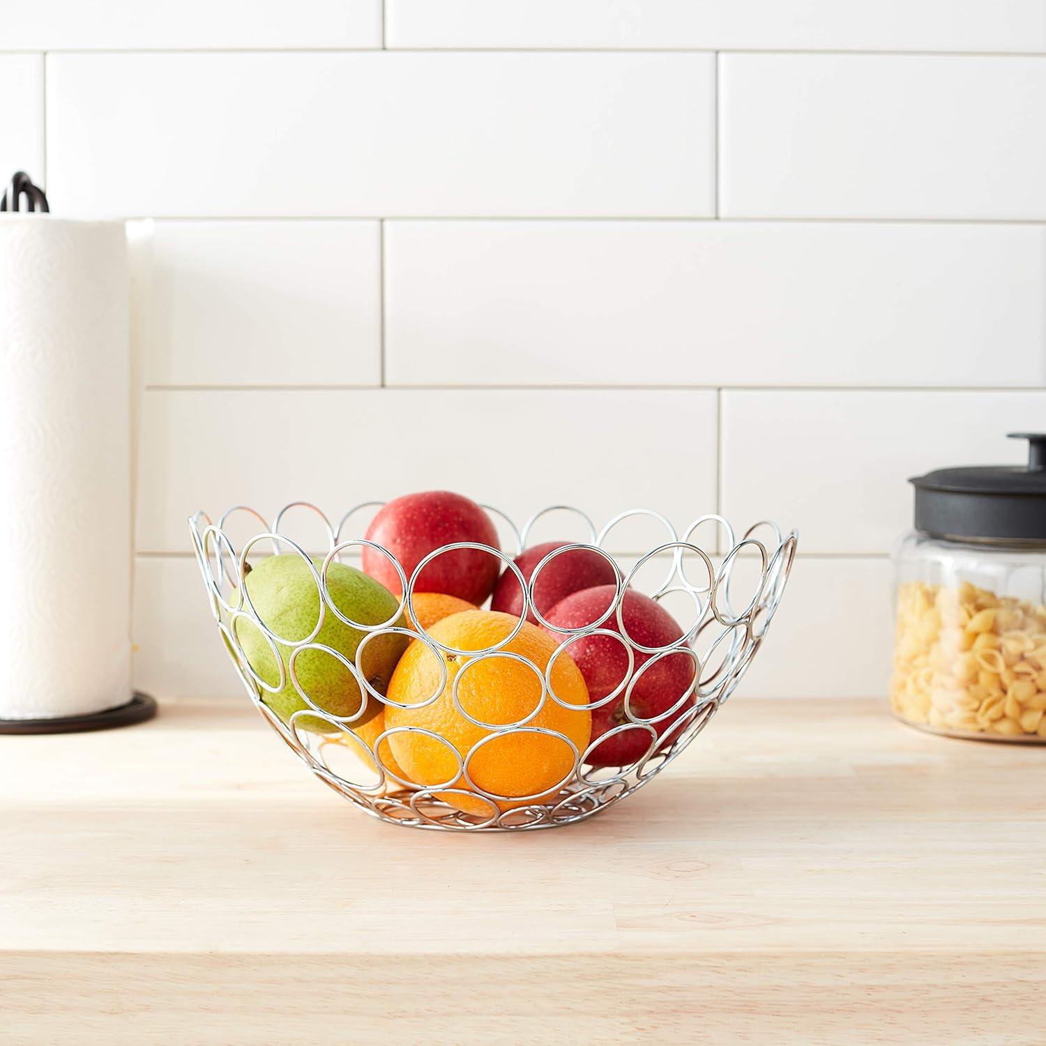 Chrome Round Metal Wire Fruit Bowl with Circular Design