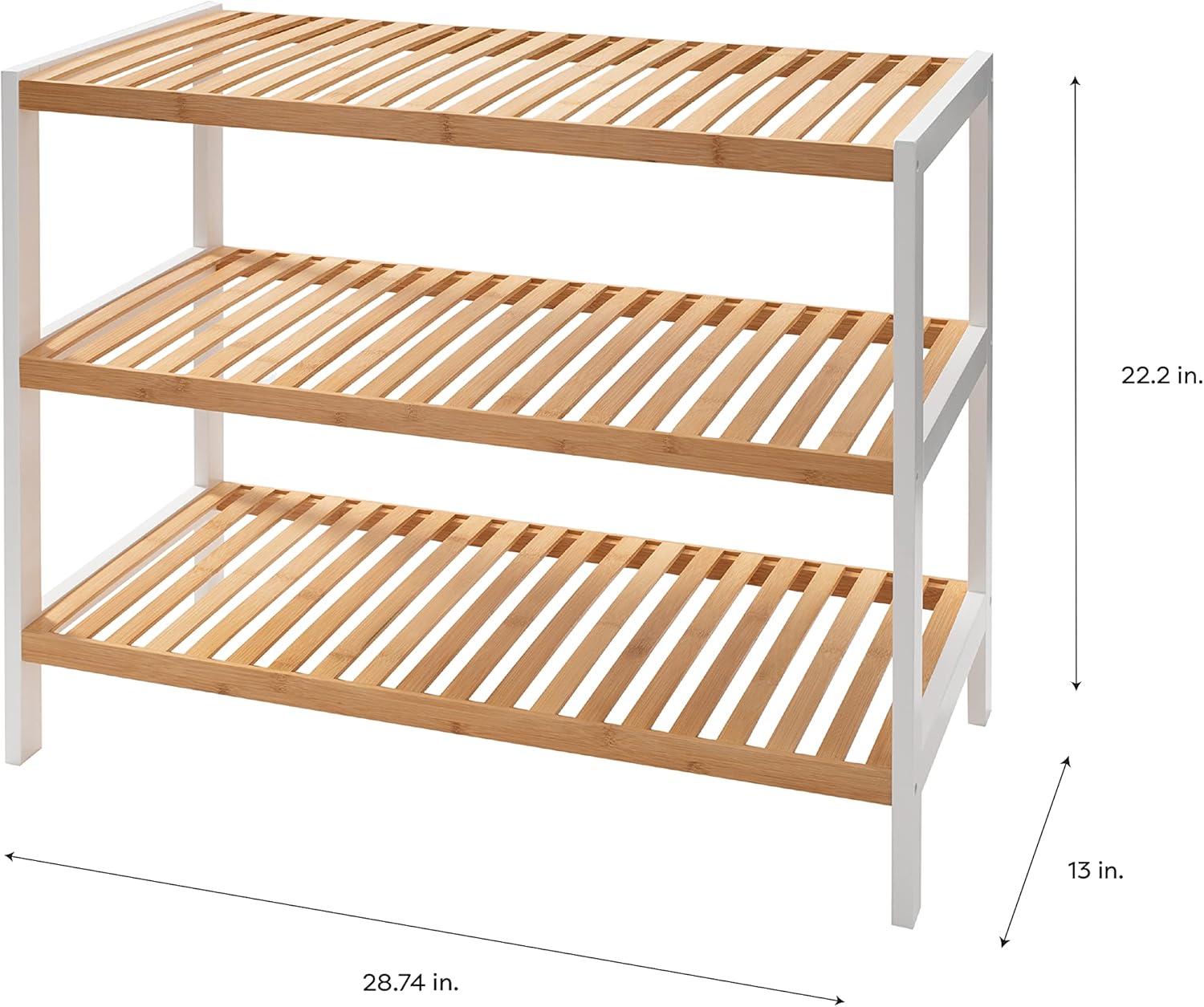 White and Bamboo 3-Tier Rectangular Footwear Storage Shelf