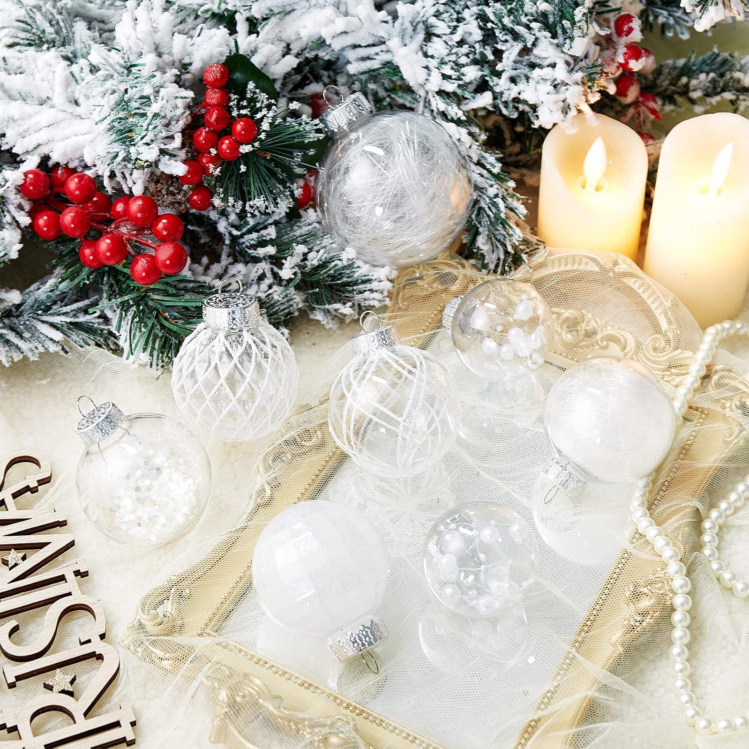 30Pcs Christmas Ball Ornaments- NOGIS 60mm/2.36" Shatterproof Clear Plastic Xmas Balls Baubles Set with Stuffed Delicate Sparkling, Hanging Christmas Tree Decorations (White)
