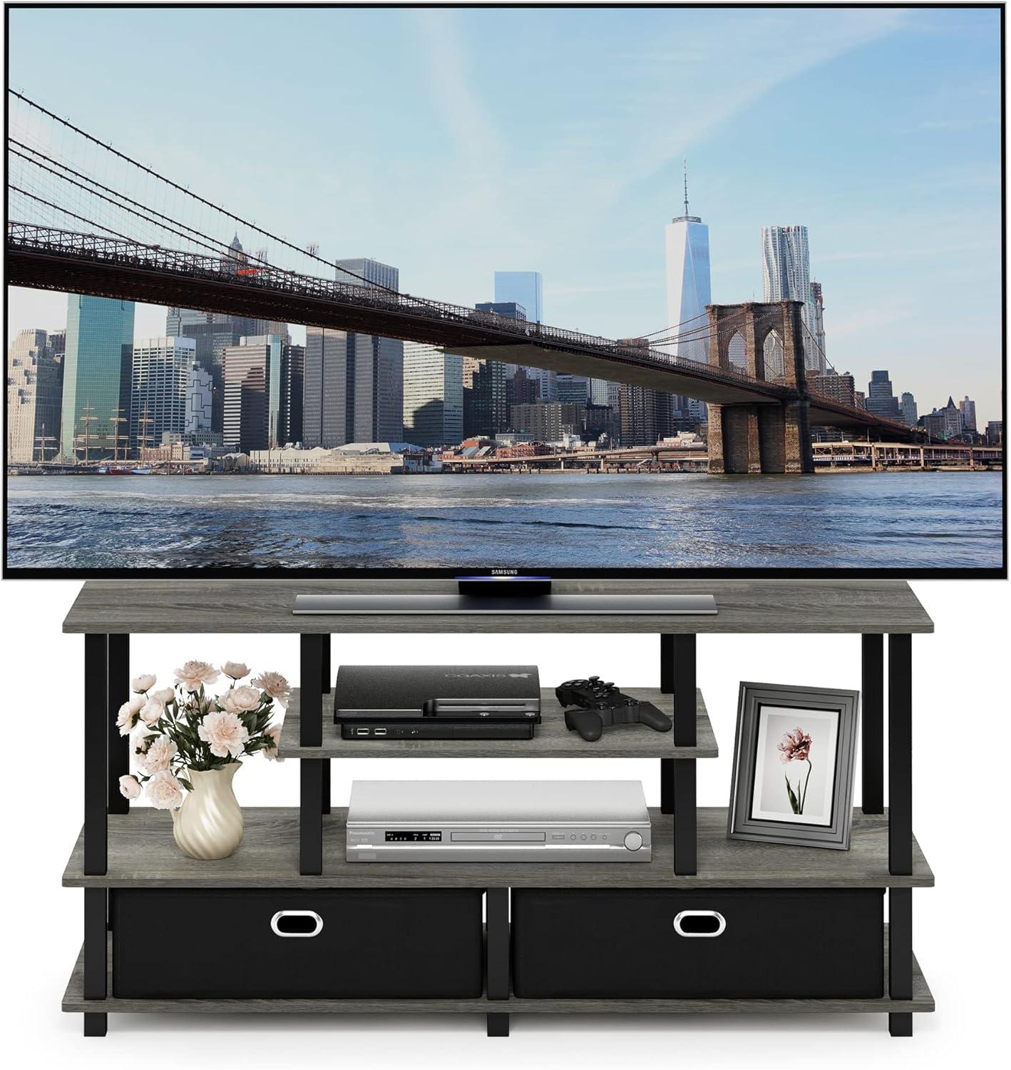 Furinno JAYA Large TV Stand for up to 55-Inch TV with Storage Bin, French Oak Grey/Black