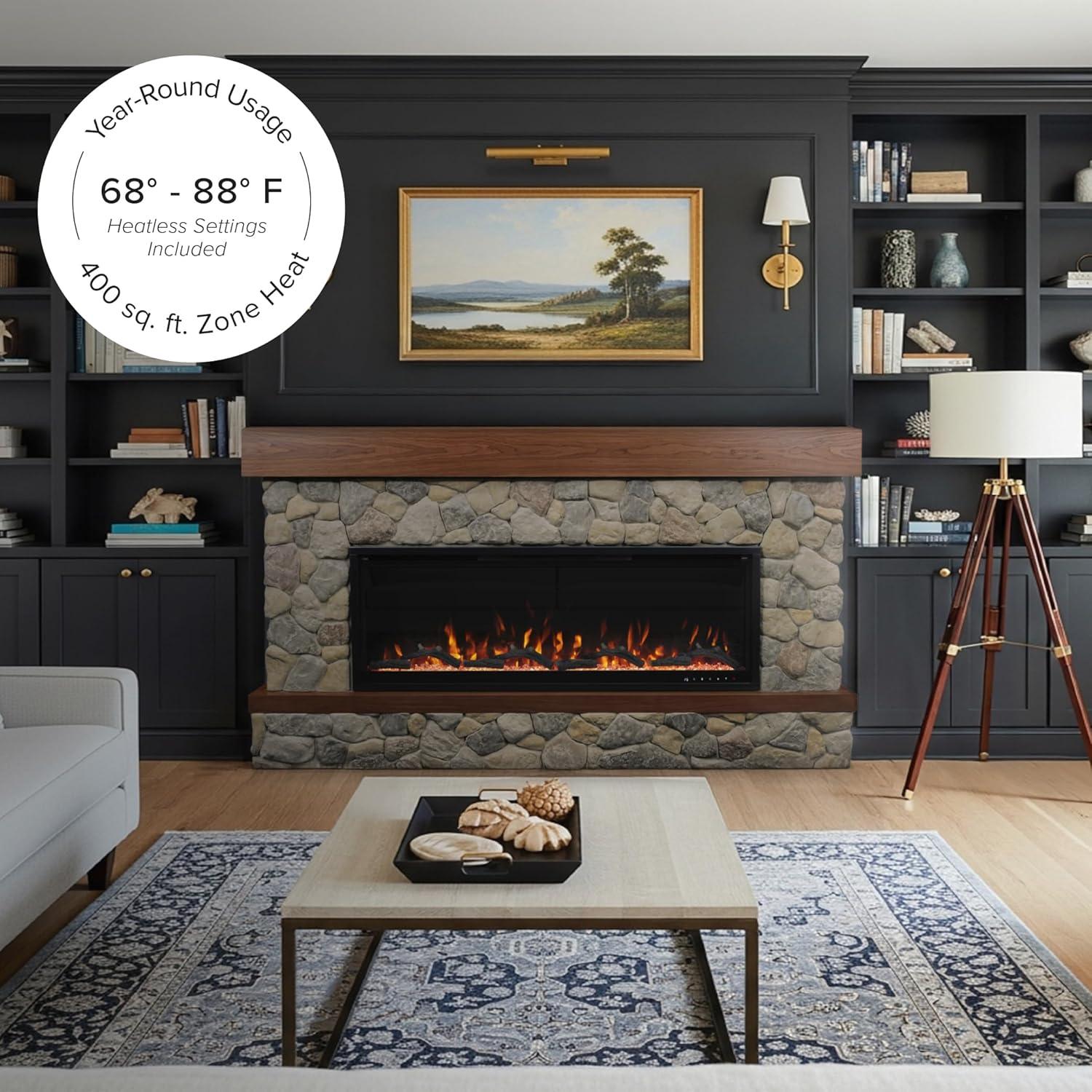 Country Living Belhaven 74 Inch Bookcase Mantel Package | 23 Inch Smart Electric Fireplace Insert Heater