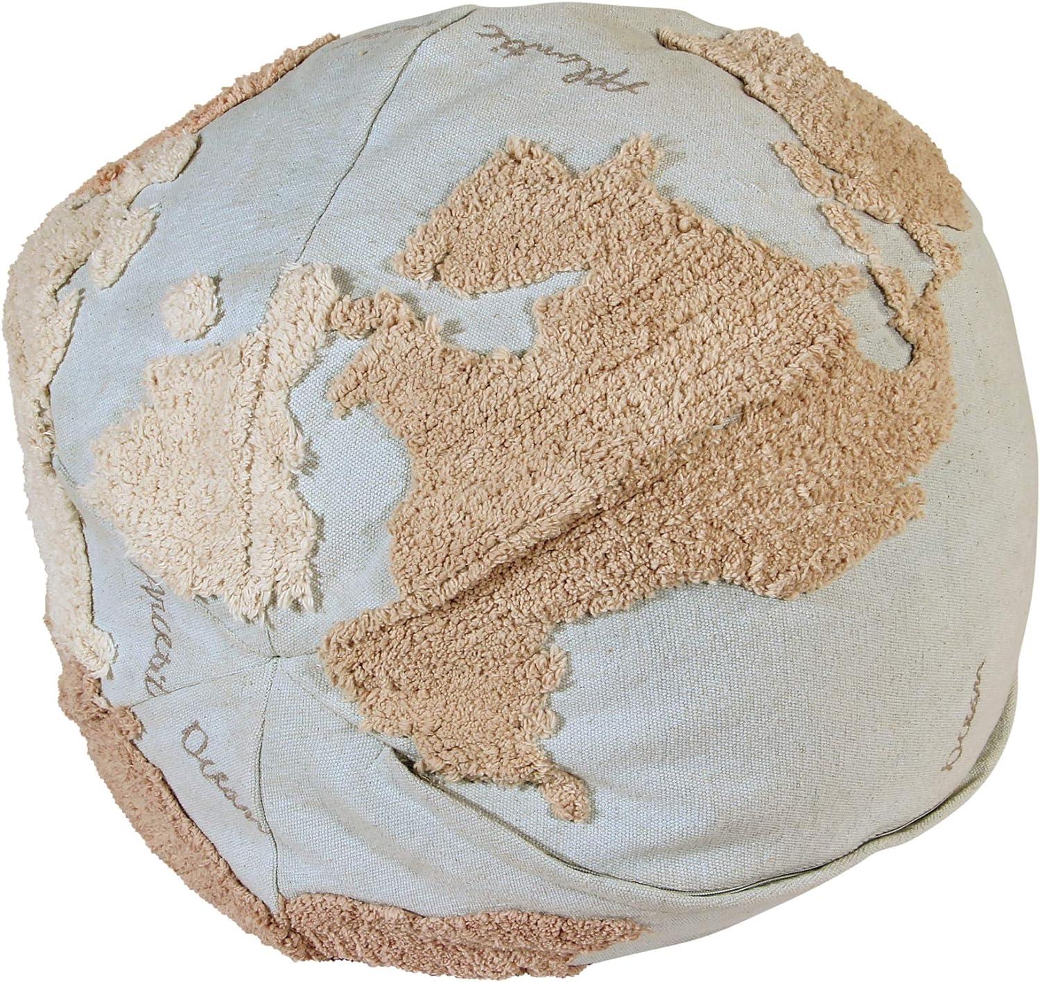 Globe Explorer Tufted Round Pouf in Light Blue and Natural Tones