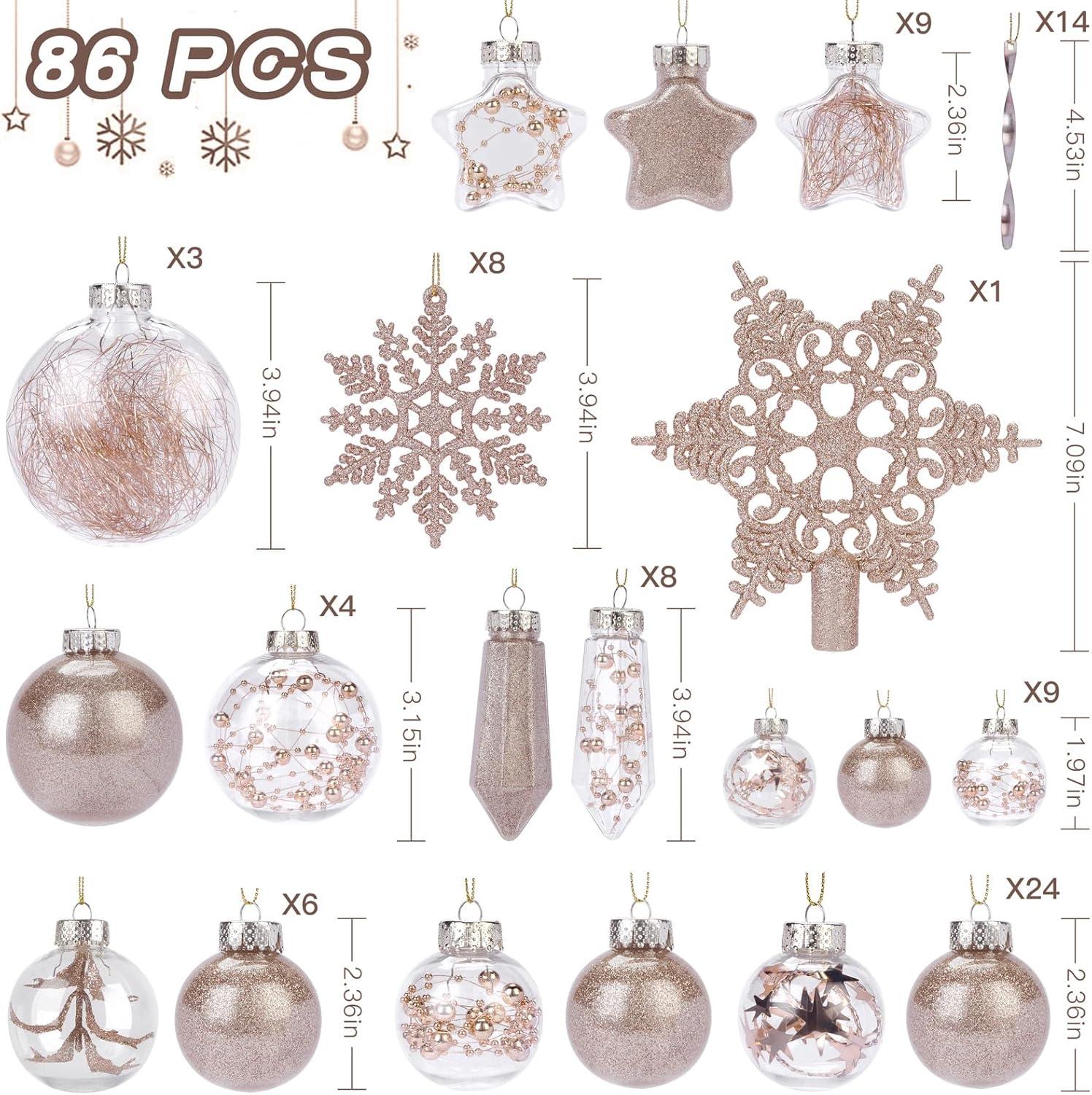 RTB-SHareconn 86 Pcs Christmas Balls Ornaments Set, Shatterproof Clear Decorative Baubles with lanyard for Xmas Tree Decor Holiday Wedding Party Decoration, Champagne