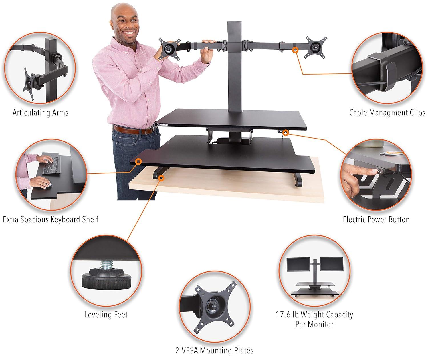 Techtonic Electric 3 Arm Monitor Mount Standing Desk - Sit to Stand Desk Converter with Keyboard Tray – Black – Stand Steady