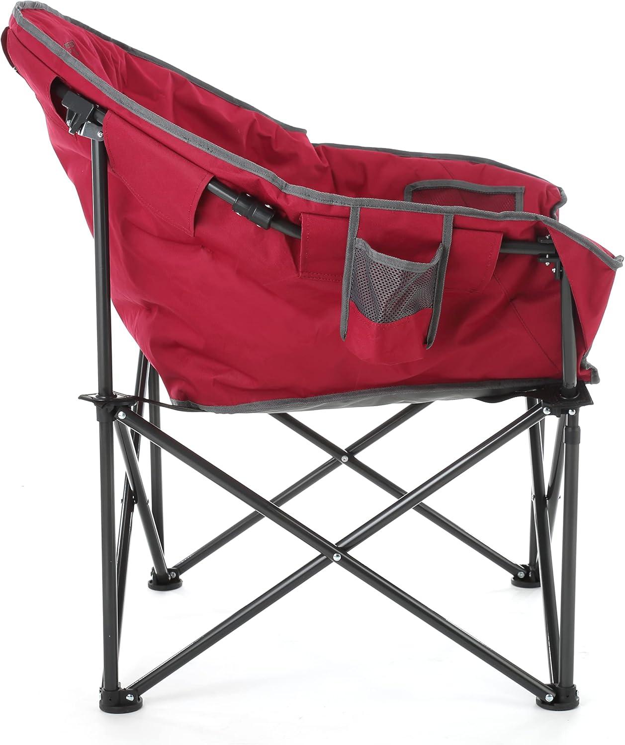 ARROWHEAD OUTDOOR Oversized Heavy-Duty Club Folding Camping Chair w/ External Pocket, Cup Holder, Portable, Padded, Moon, Round, Saucer, Supports 330lbs, Carrying Bag, USA-Based Support (Burgundy Red)