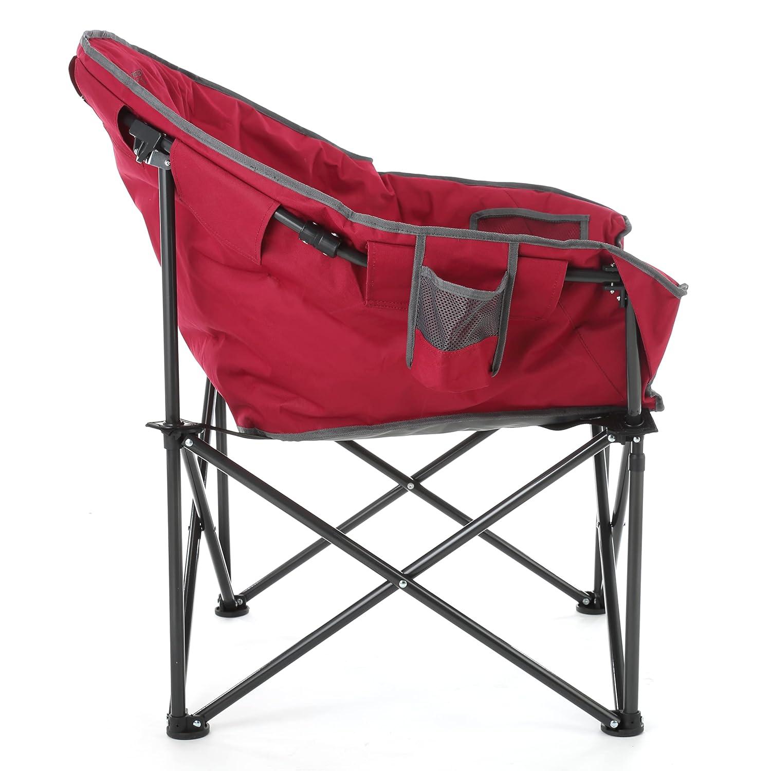 ARROWHEAD OUTDOOR Oversized Heavy-Duty Club Folding Camping Chair w/ External Pocket, Cup Holder, Portable, Padded, Moon, Round, Saucer, Supports 330lbs, Carrying Bag, USA-Based Support (Burgundy Red)