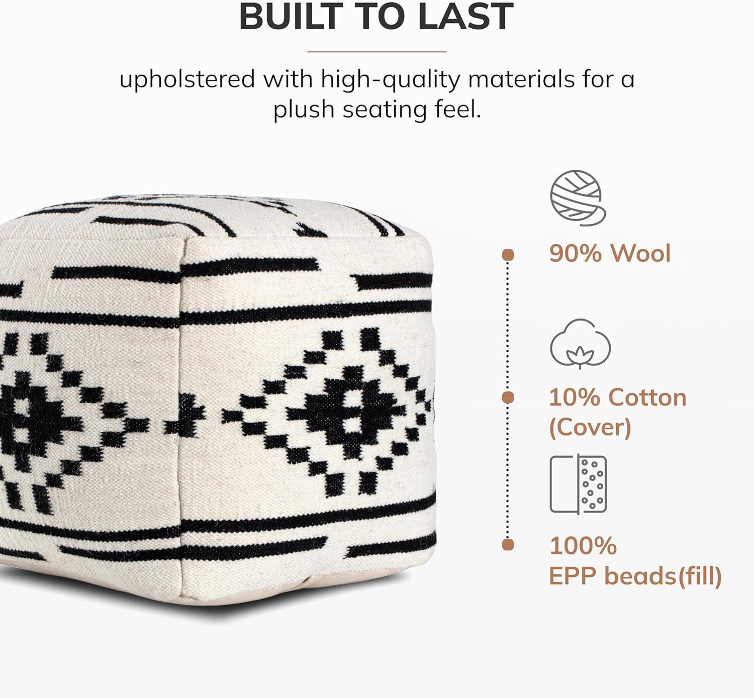 Handcrafted Geometric Black & White Wool-Cotton Pouf, 20"