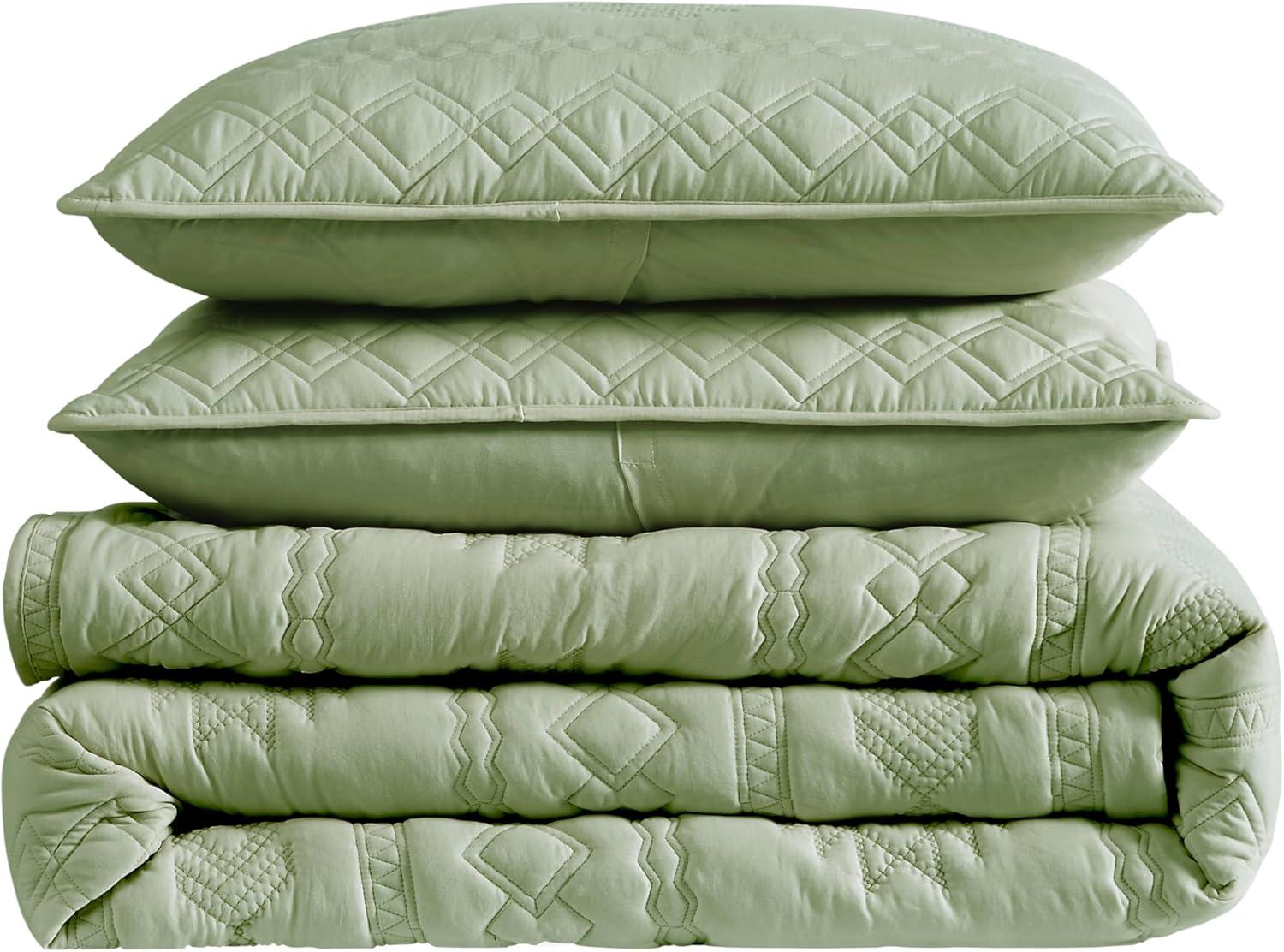 Ivory and Sage Green Queen Bedspread Set with Pillow Shams