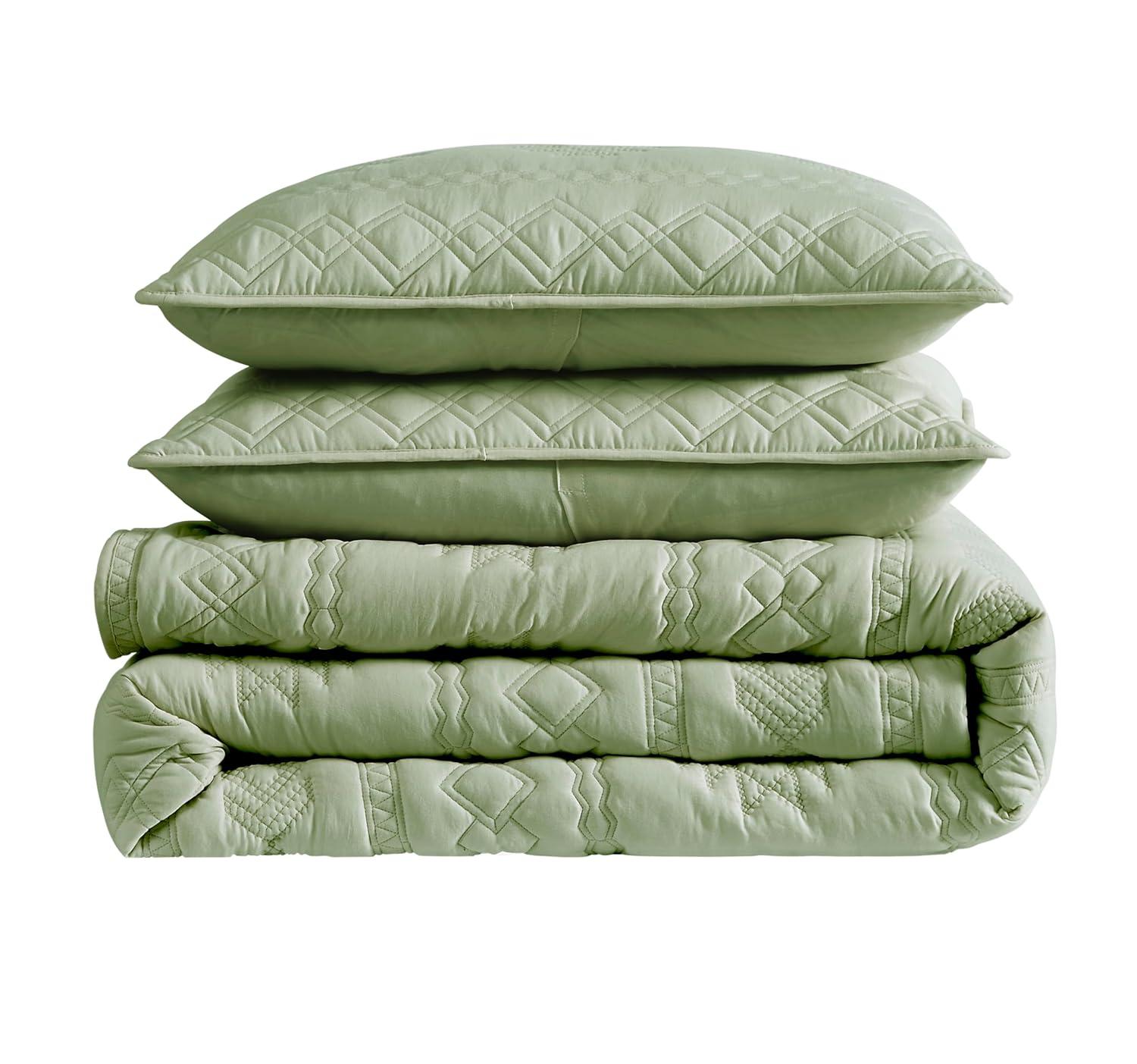 WDCOZY Boho Sage Green Quilts Queen Size Bedding Sets with 2 Pillow Shams, Farmhouse Lightweight Soft Bedspread Coverlet for All Season, 3 Pieces, 90x90 inches