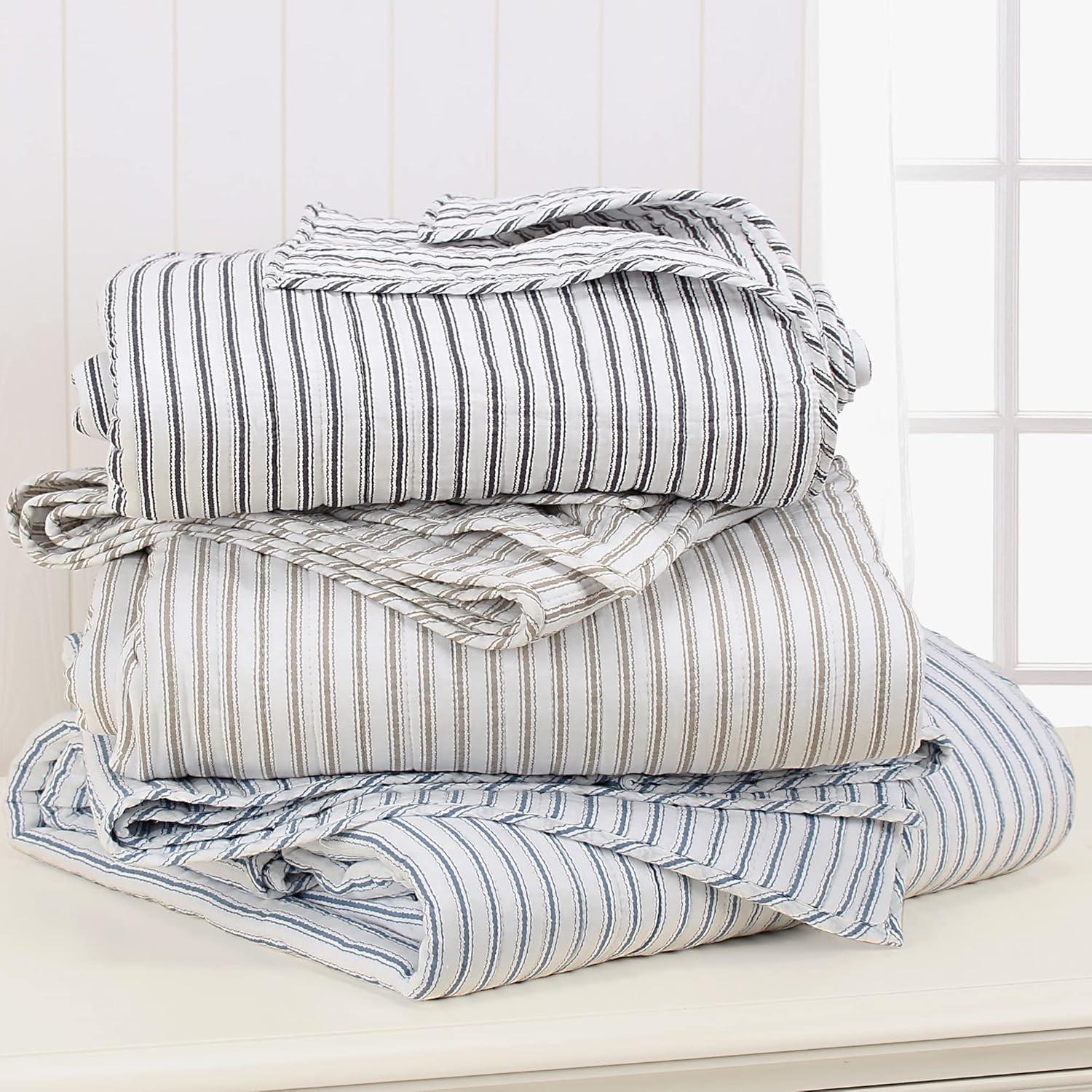 Tobago Stripe Blue Quilt Set - One Full/Queen Quilt and Two Standard Shams - Levtex Home