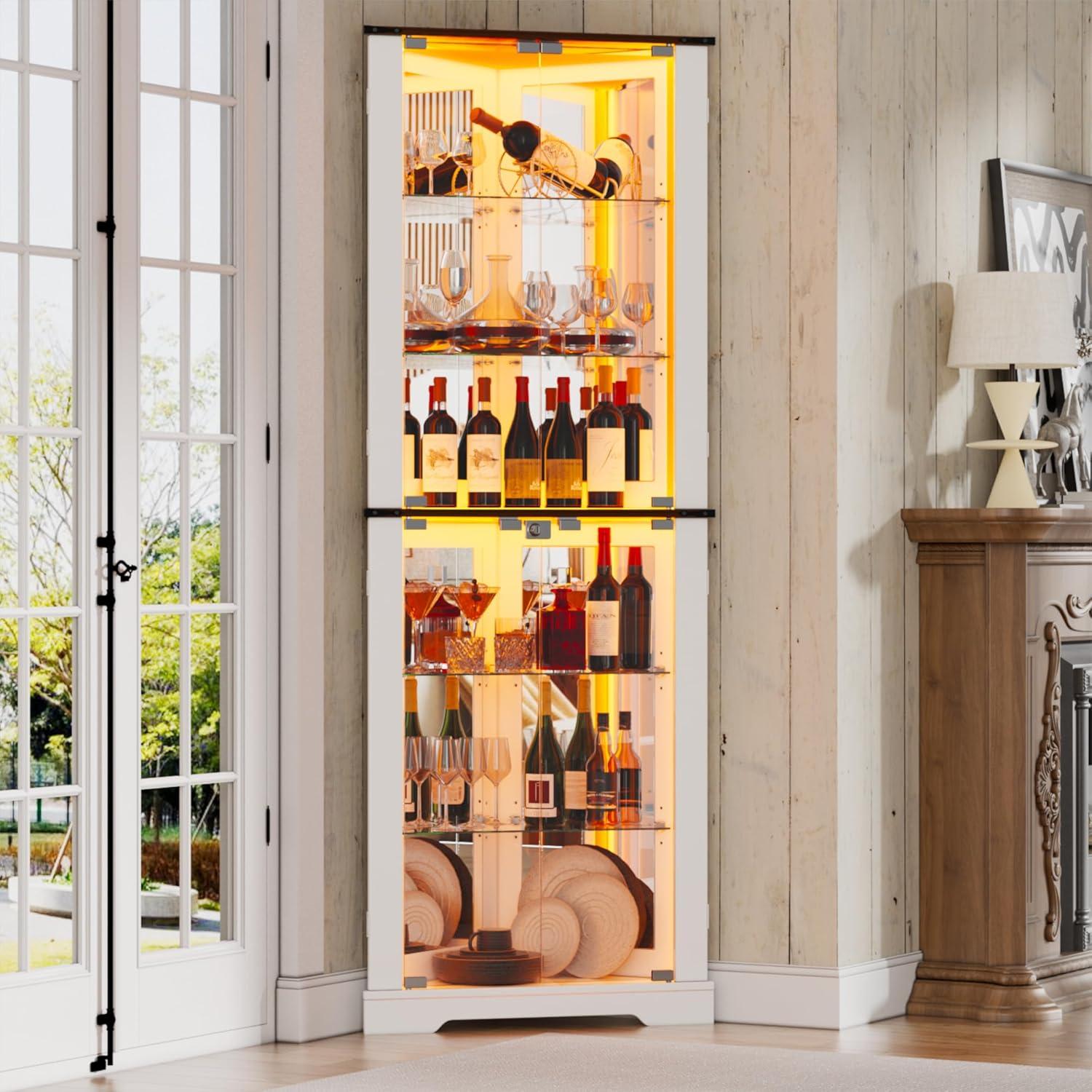 PAKASEPT 71'' Farmhouse Display Curio Cabinet with LED Lights,Tempered Glass Doors,6 Shelves,Corner Wine Cabinet Storage Rack for Bar and Liquor Storage,White (1, Triangular)