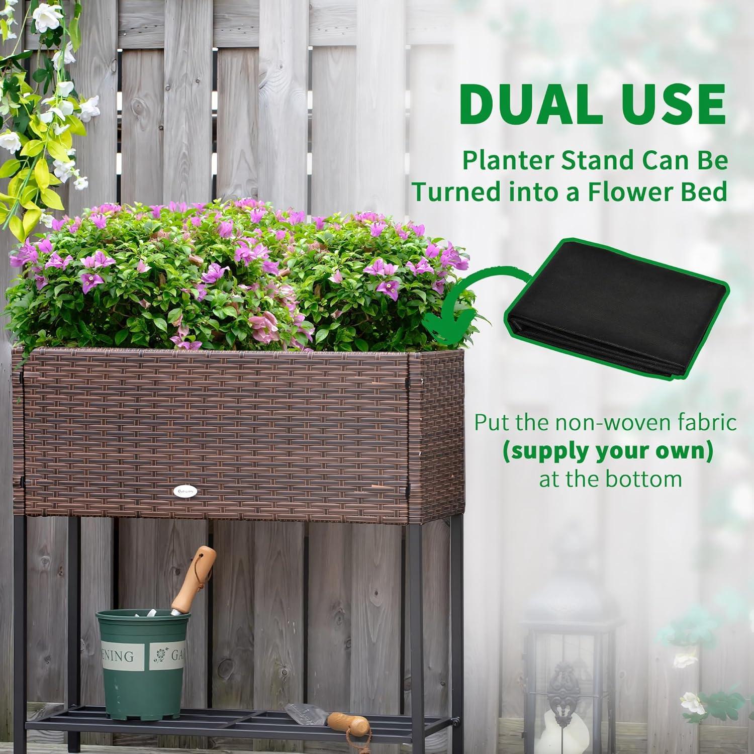 Outsunny Outdoor Flower Stand with legs, Rattan Wicker Look, Tool Storage Shelf, Portable Design for Herbs, Vegetables, Flowers, Brown