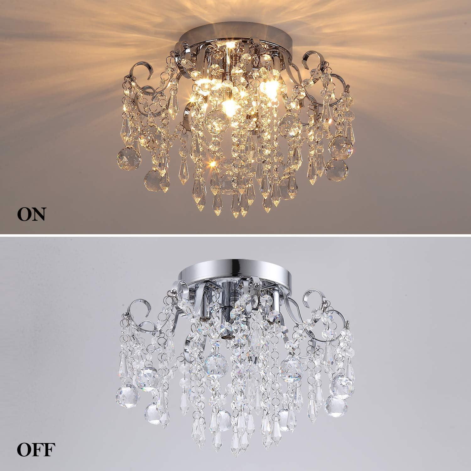 Q&S Small Crystal Chandelier Flush Mount Ceiling Light 3 Lights Modern Chrome Iron Raindrop Crystal Ceiling Fixture for Bedroom Hallway Closet Entryway Stairs