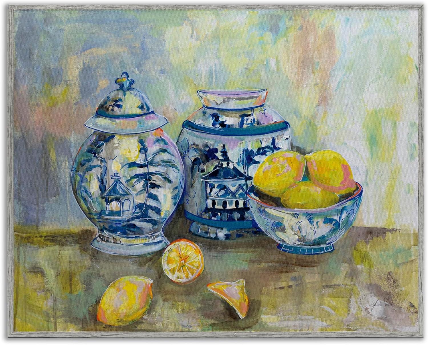 Lemons and Pottery Blue and Yellow Framed Wall Art