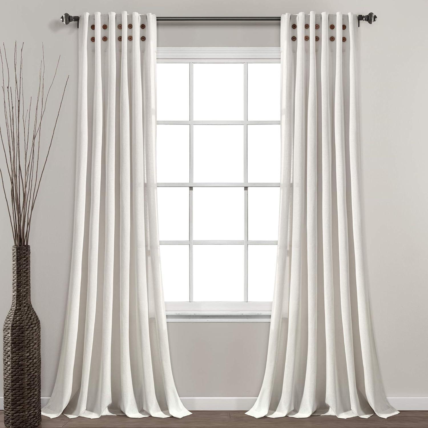 Off White Linen Button Pinched Pleat Light Filtering Curtain Panel