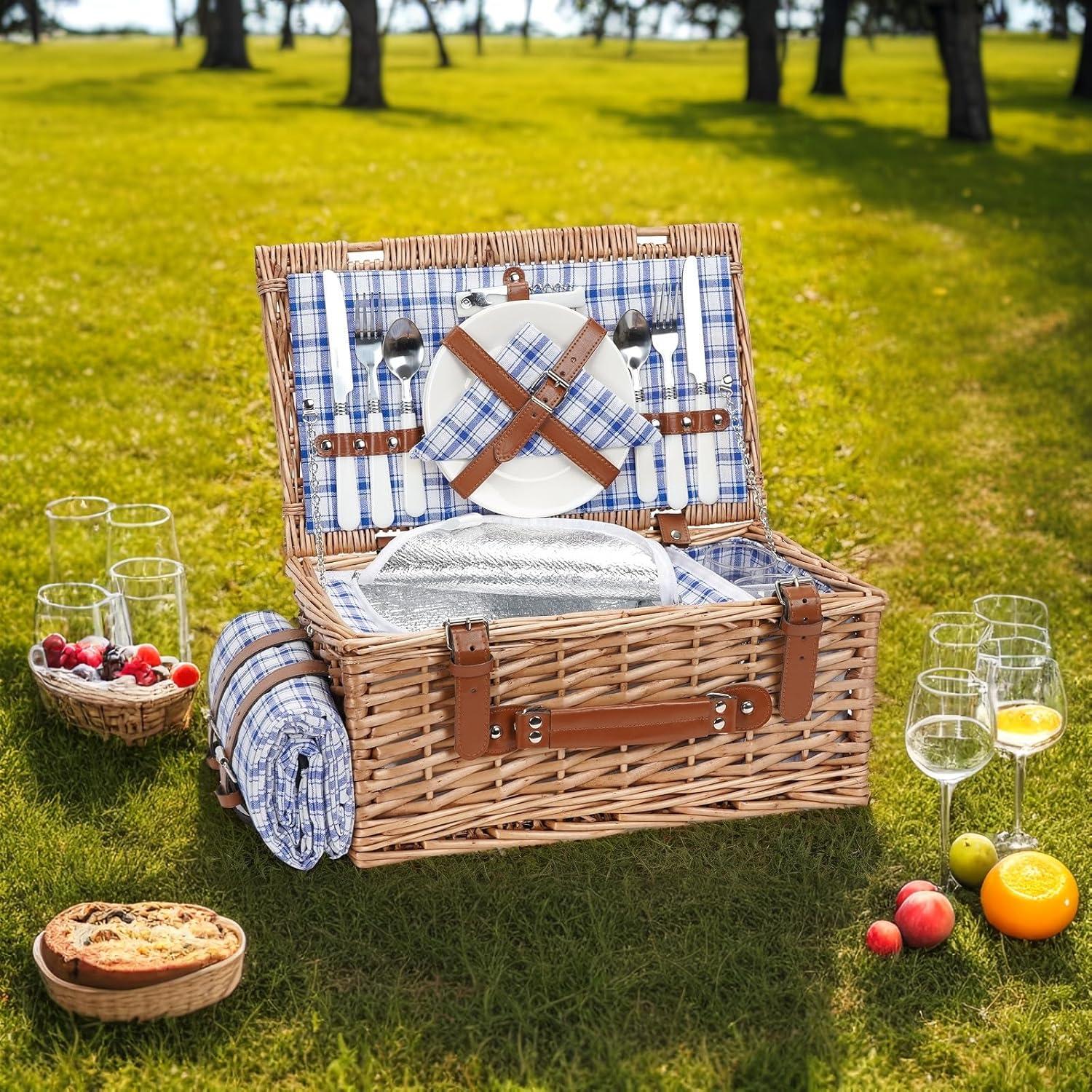 Wicker Picnic Basket Set for 2 Persons with Waterproof Picnic Blanket and Large Insulated Cooler Compartment, Willow Picnic Hamper Basket with Cutlery Service Kits for Camping, Wedding (Red)