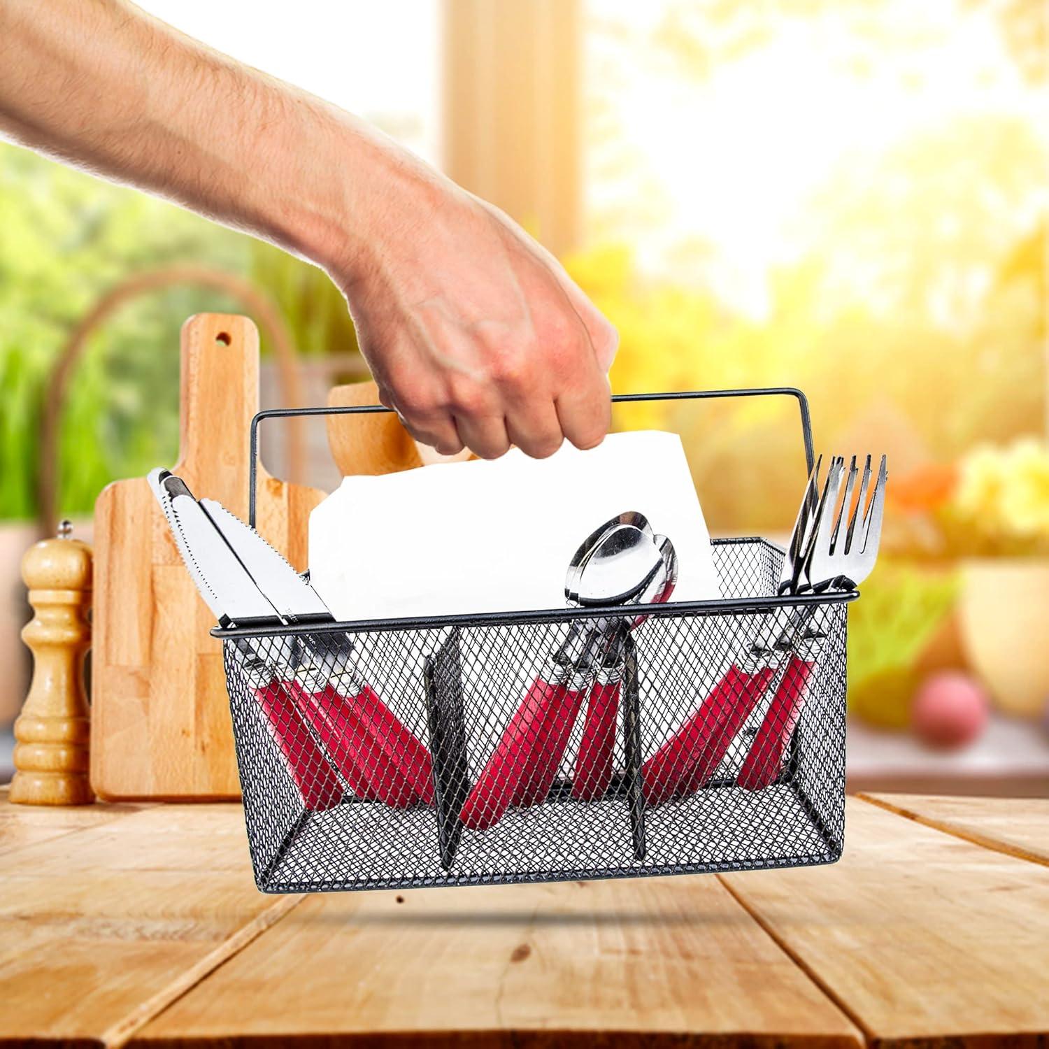 Utensil Caddy -Silverware Caddy for Parties, Spoon Holder, Buffet Organizer for Condiments, Napkin, Forks, Knives -Stainless Steel Flatware Caddy for Home, Picnics or Entertaining Evens (Black)