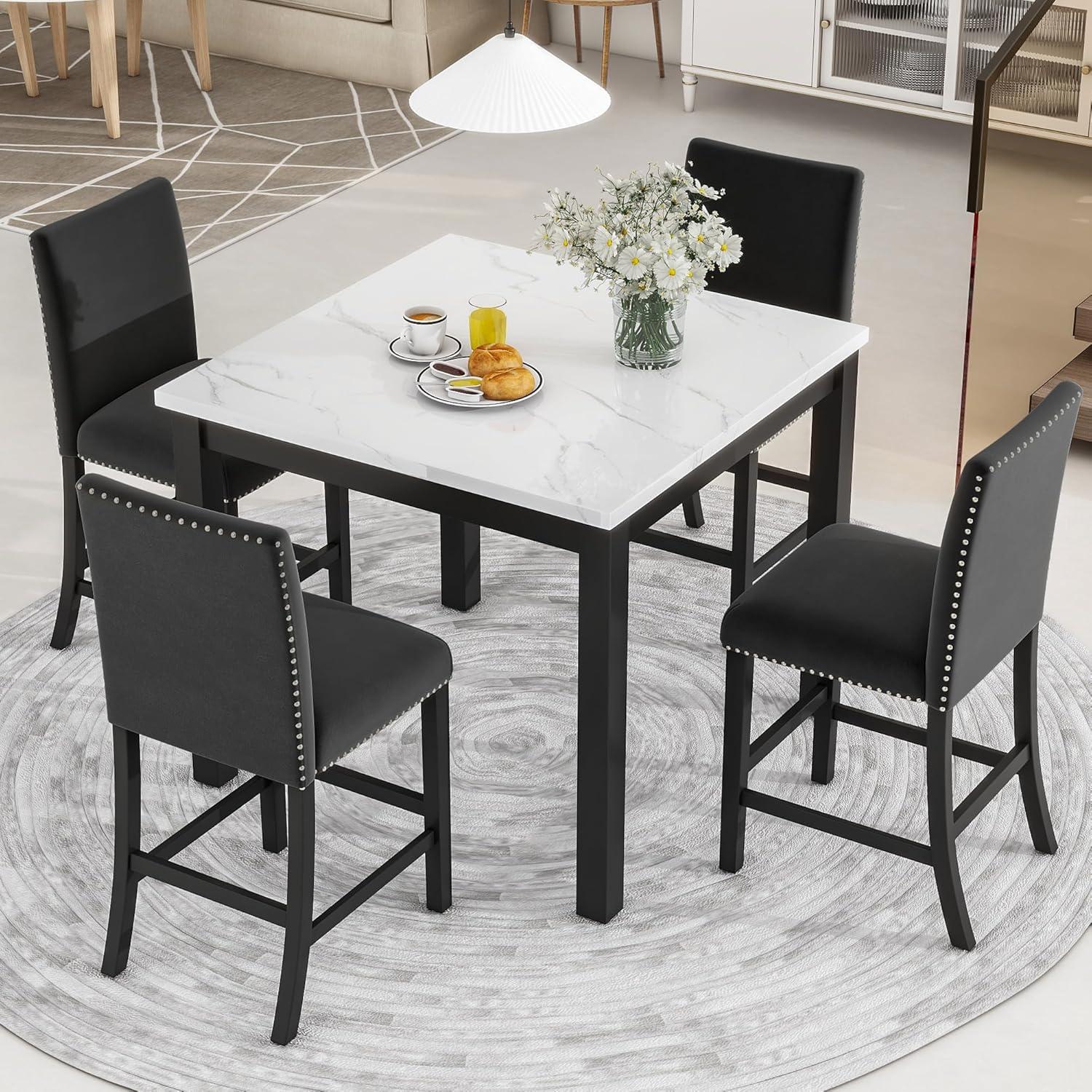 Black Faux Marble Top Dining Table Set with Velvet Chairs