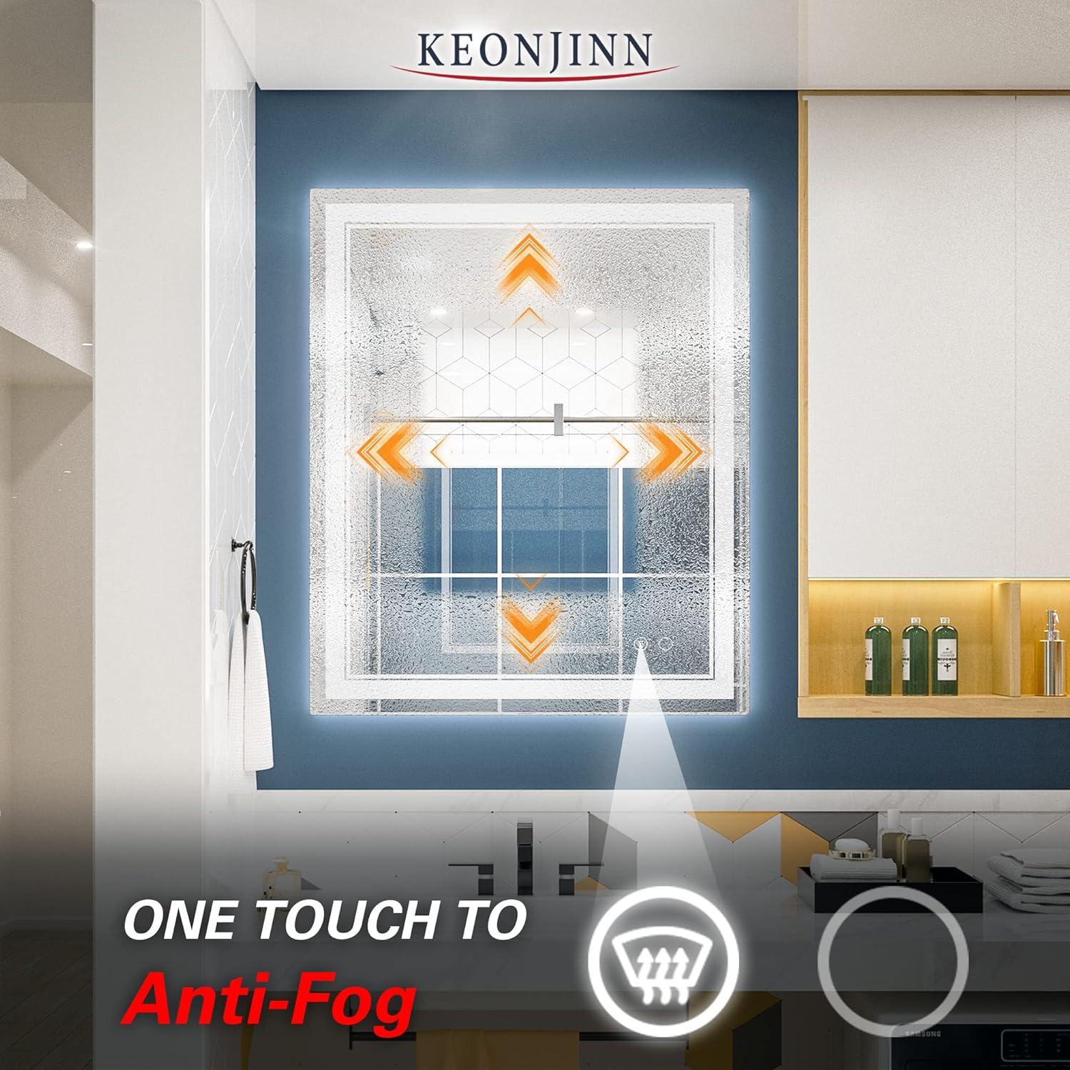 Keonjinn LED Bathroom Mirror with Lights, 30'' x 36''LED Vanity Mirror, Wall Mounted Anti-Fog Dimmable Frameless Frontlit Makeup Mirror, IP54, 6000K(Horizontal/Vertical)