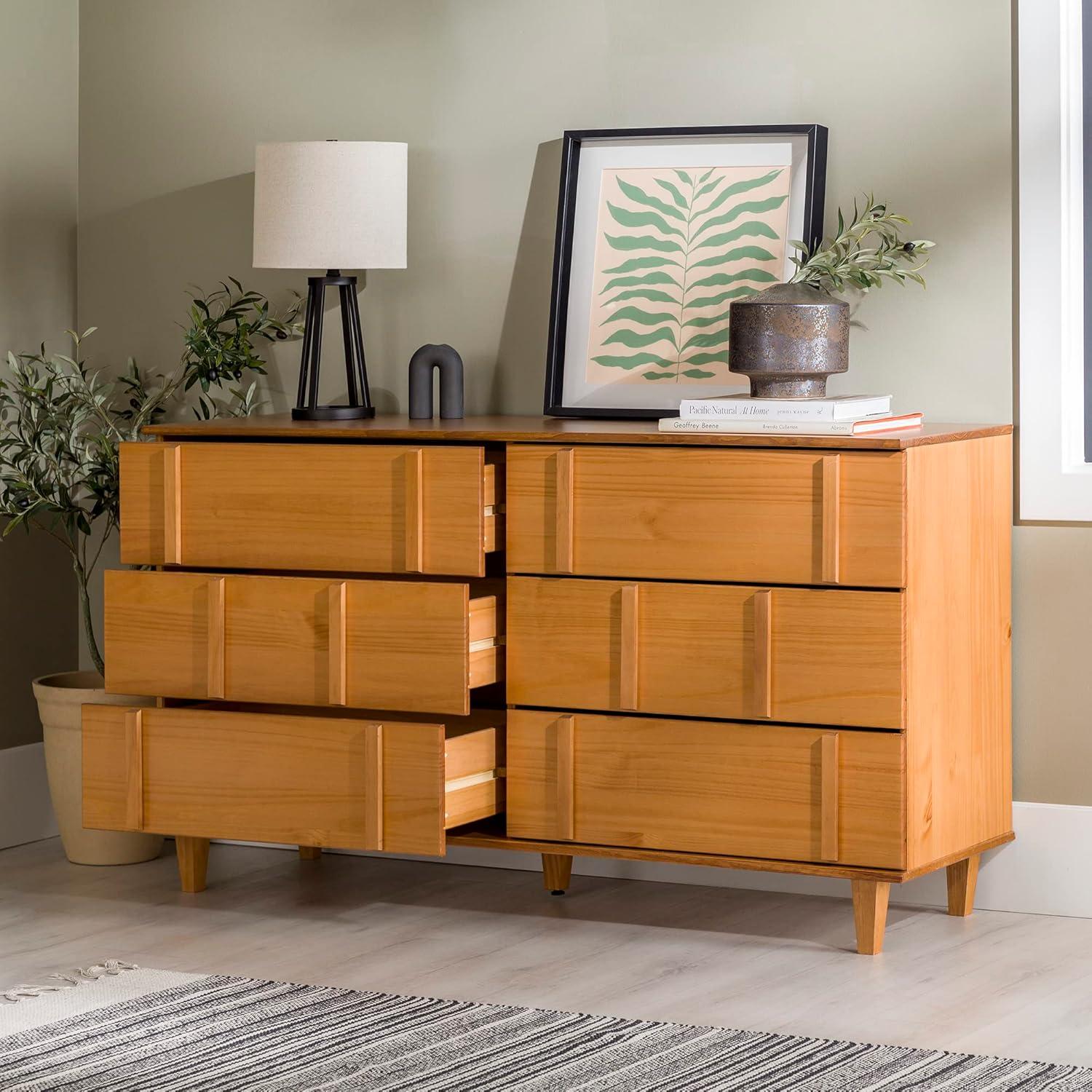 Walker Edison Modern Detailed 6-Drawer Solid Wood Dresser 60 Inch Caramel