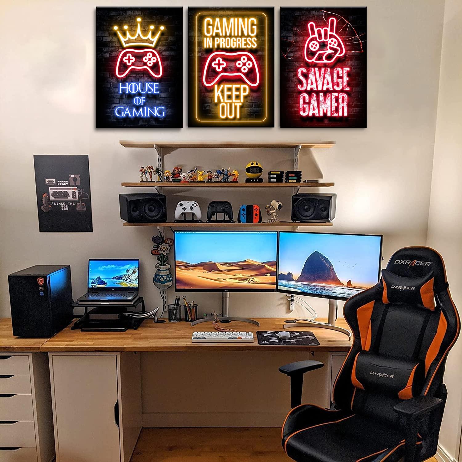 3 Pcs Framed Neon Gamer Symbol Canvas Wall Art Paintings Gaming Wall Decor Prints Pictures Posters Artwork for Kids Teenage Boys Game Room Playroom Bedroom Decoration Ready to hang Gifts for Gamers