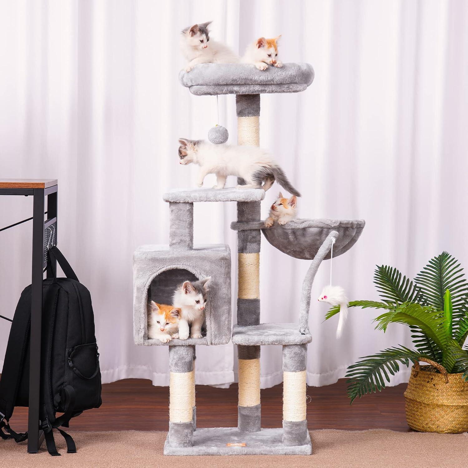 Cat Tree with Toy, Cat Tower condo for Indoor Cats, Cat House with Padded Plush Perch, Cozy Hammock and Sisal Scratching Posts, Light Gray