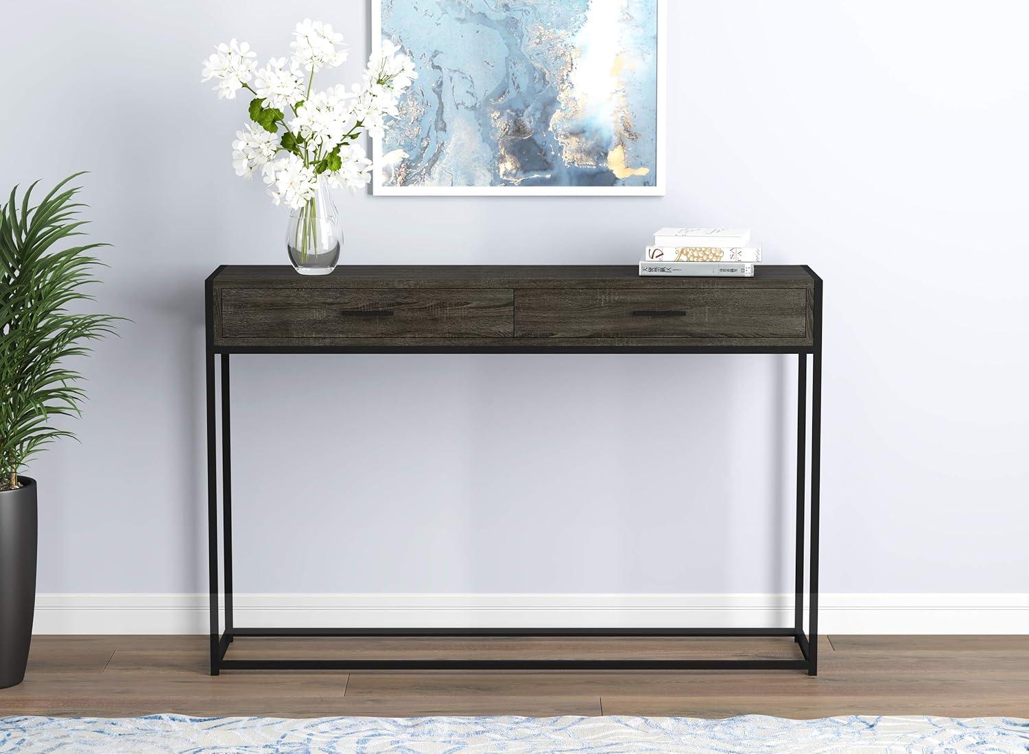 Safdie & Co. - Dark Grey Console Table with Black Metal Leg, Hallway Table with Drawers, Use As Doorway Table, Hallway Desk, or Accent Furniture for Decorating Foyer, 48 x 12 x 32 Inches