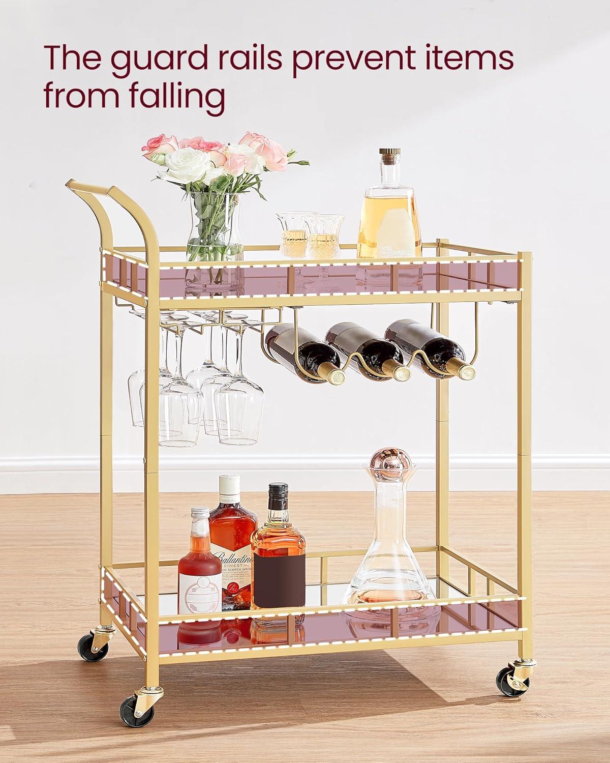VASAGLE Bar Cart Gold, Home Bar Serving Cart, Wine Cart with 2 Mirrored Shelves, Wine Holders, Glass Holders, for Kitchen, Dining Room, Gold ULRC092A62