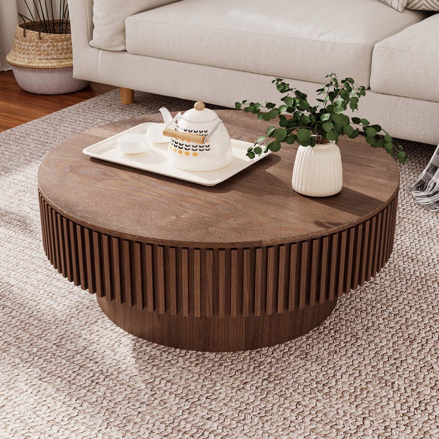 31.5" Round Wood Coffee Table with Storage - Modern Drum Circle Fluted Side Table for Apartment, Office - Easy Assembly, Walnut