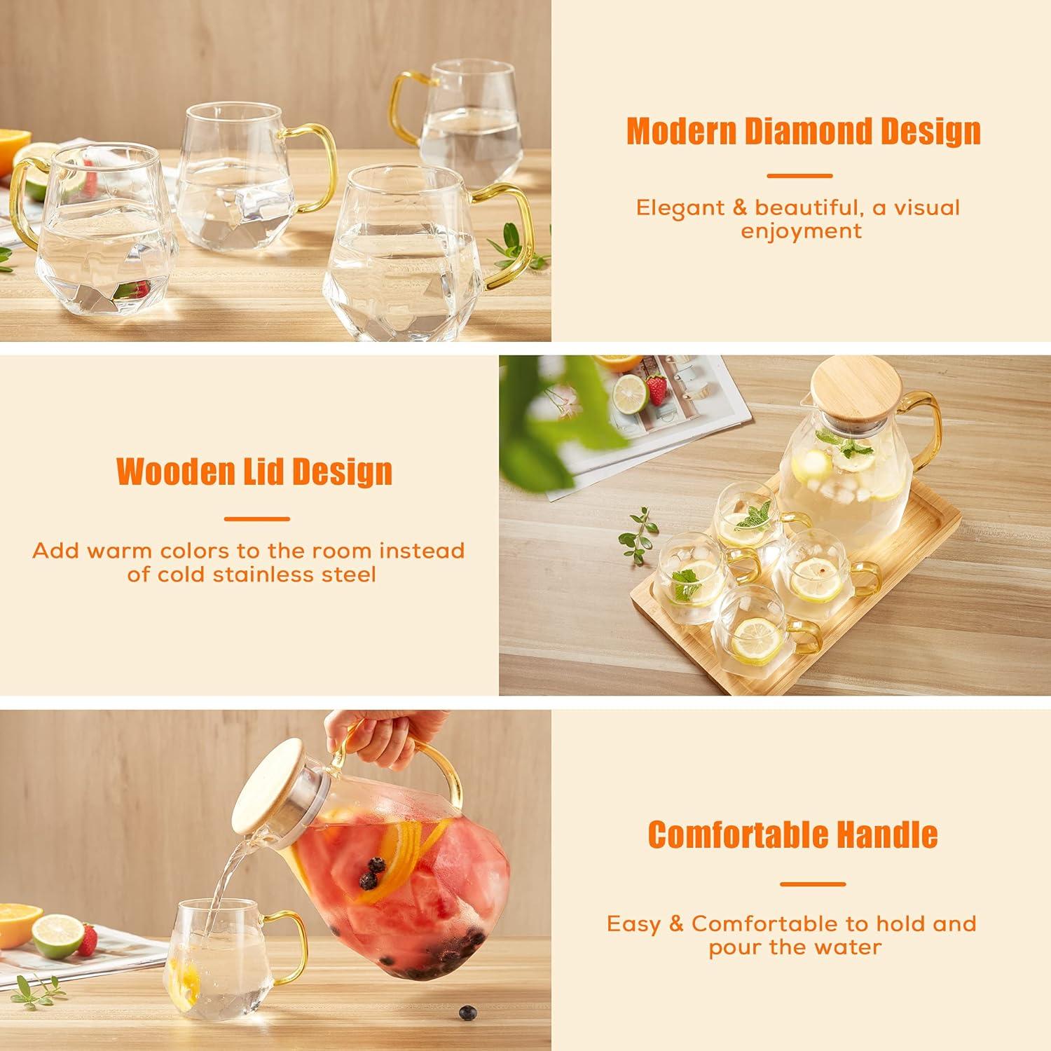 DUJUST Glass Pitcher Set (68 oz) with 4 Cups & 1 Tray, Elegant Diamond Design Water Pitcher with Handle, Durable Glass Jug for Fridge, Glass Carafe for Iced Tea/Juice/Beverage/Coffee/Drinks