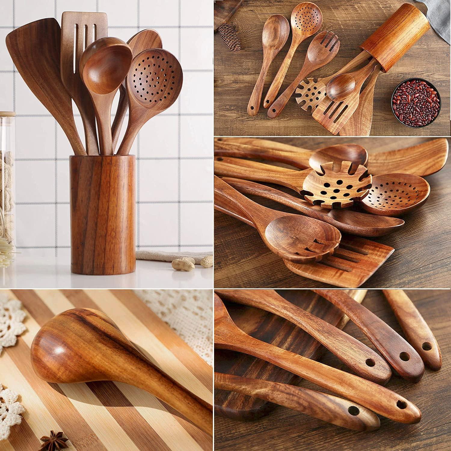 Wooden Spoons for Cooking,10 Pcs Natural Teak Wooden Kitchen Utensils Set Wooden Utensils for Cooking Wooden Cooking Utensils Wooden Spatulas for Cooking
