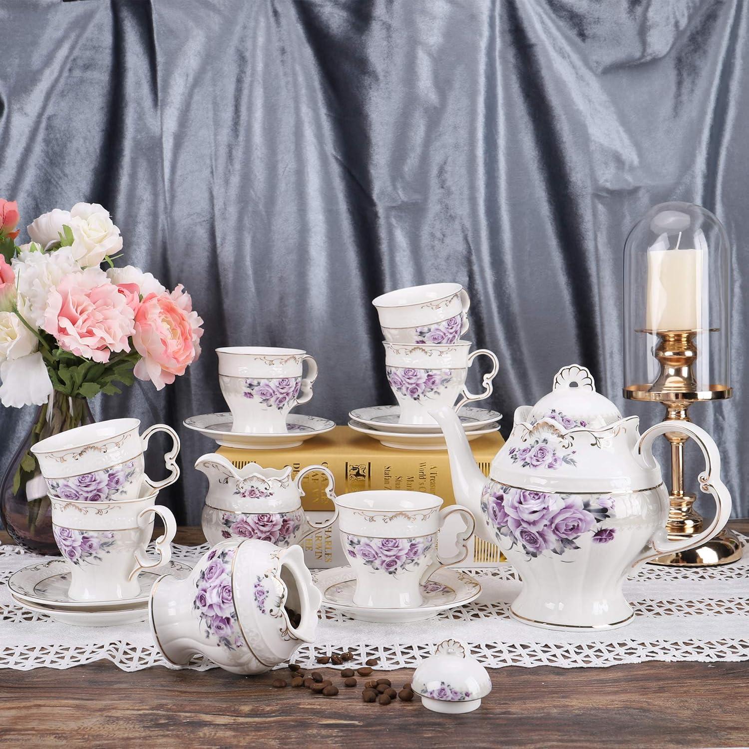 Elegant Purple Rose Porcelain Tea Set with Gold Trim