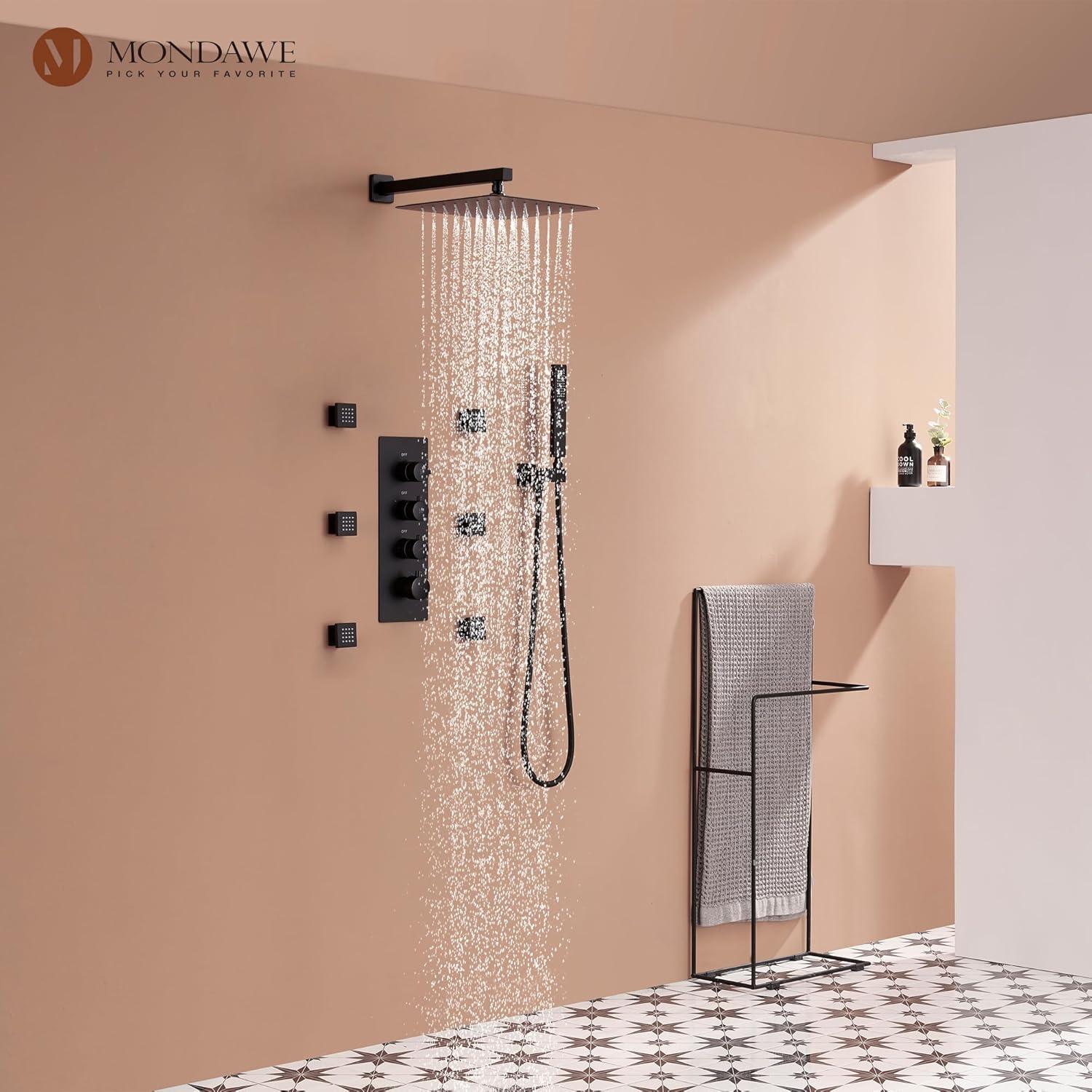Rainfall Symphony 12inch 3-Function Dual Shower Head Thermostatic Shower System with 3 Sprays Handheld