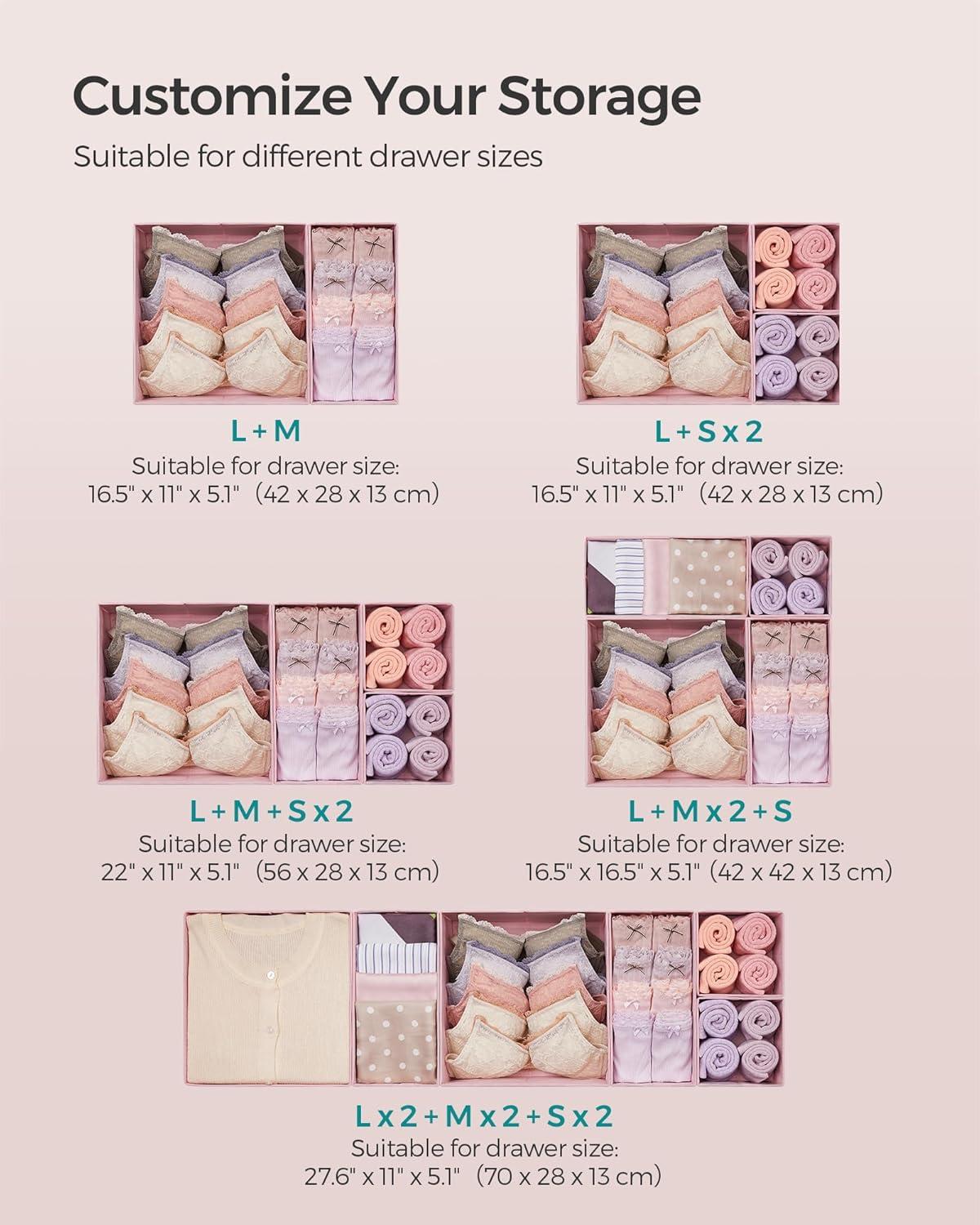 SONGMICS Drawer Organizer, Dresser Drawer Organizers, Set of 12, Foldable Fabric Storage Bins for Socks, Underwear, Bras, Ties, Scarves, Jelly Pink URDZ006R01