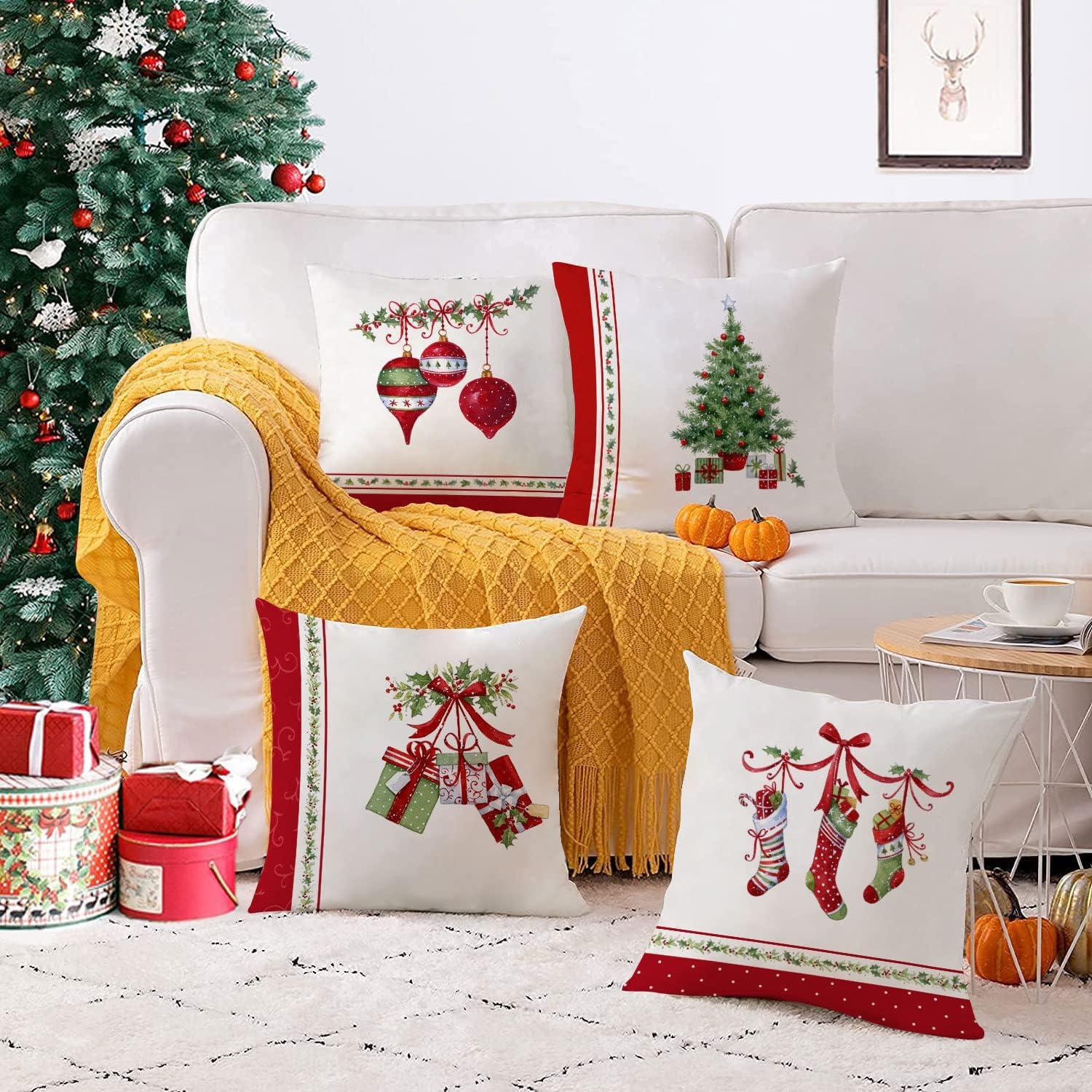 Set of 4 Merry Christmas Decorative Throw Pillow Covers Winter Holiday Xmas Velvet Pillow Cases Christmas Trees Socks Cushion Covers Outdoor Sofa and Home Decor Pillow Protectors 18x18 Inch