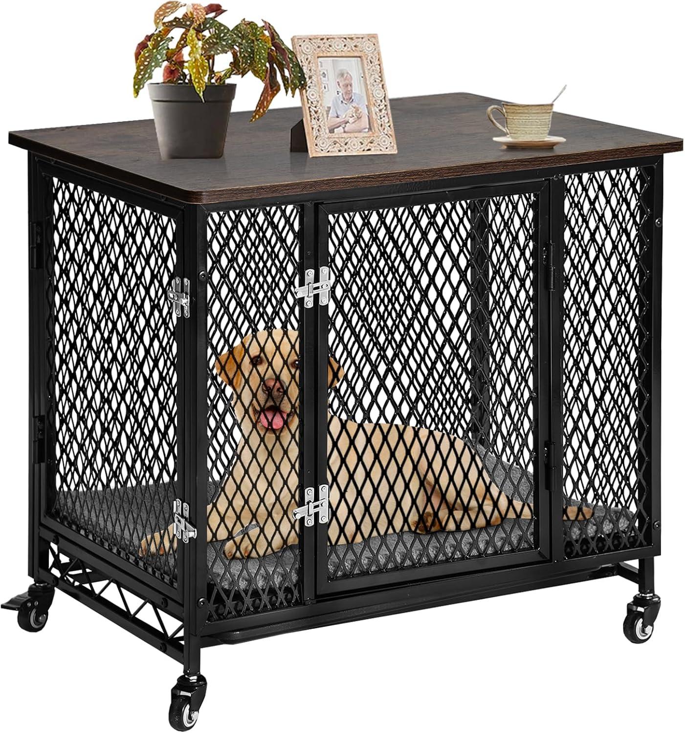 Rustic Brown and Black Metal Dog Crate with Cushion