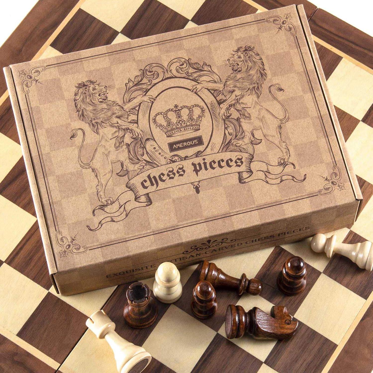 AMEROUS Wooden Chess Pieces Only, Tournament Staunton Wood Chessmen with 3.5 inches King, Chess Game Pawns for Chess Board Game, Replacement of Missing Pieces (2 Storage Bag Included)