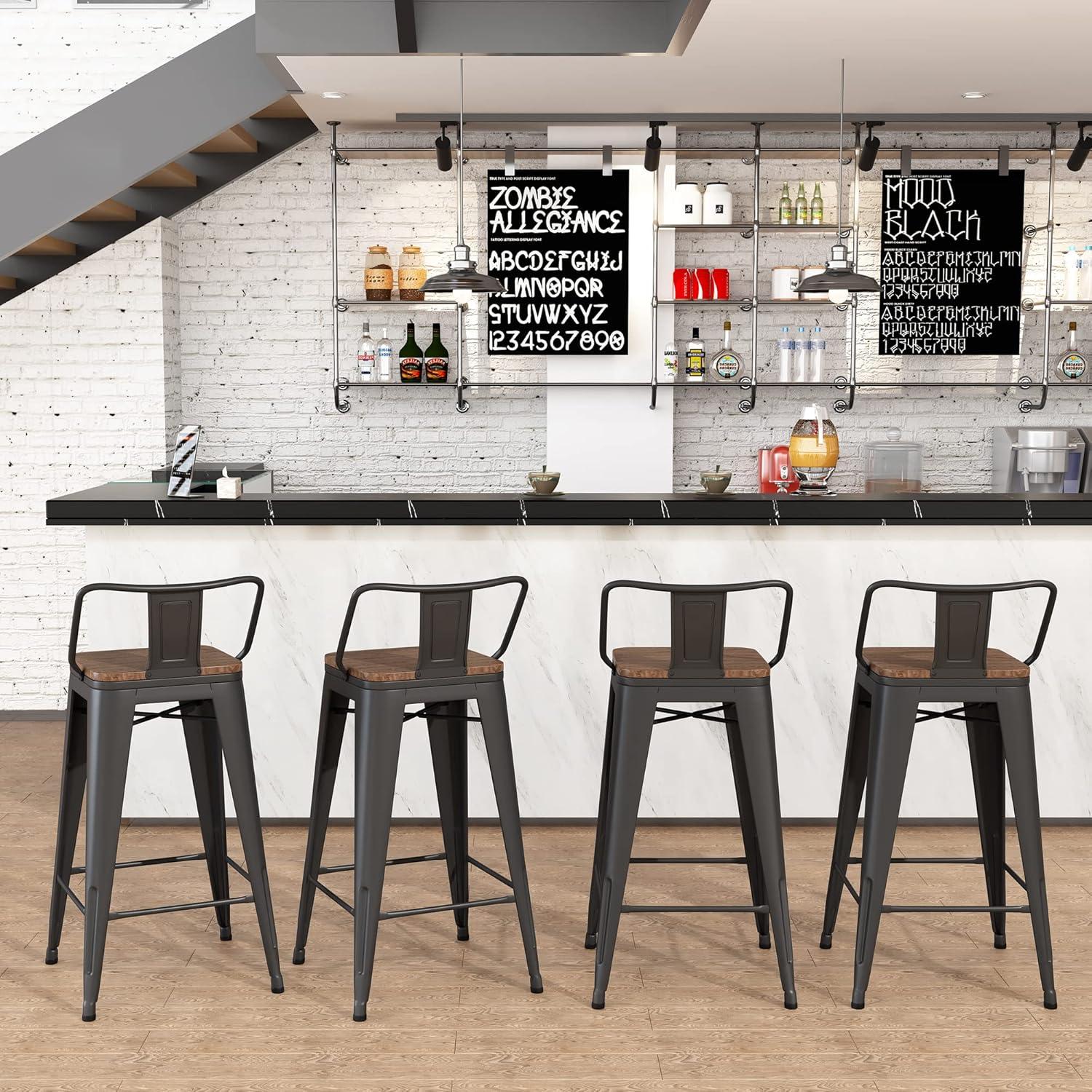 Killeryuki 24'' Metal Bar Stool 4PCS Low Back Conuter Stools for Indoor/Outdoor Barstools Metal Black Stools Bar Chairs w/Wooden Seat Metal Leg Industrial Counter Height Stools Black