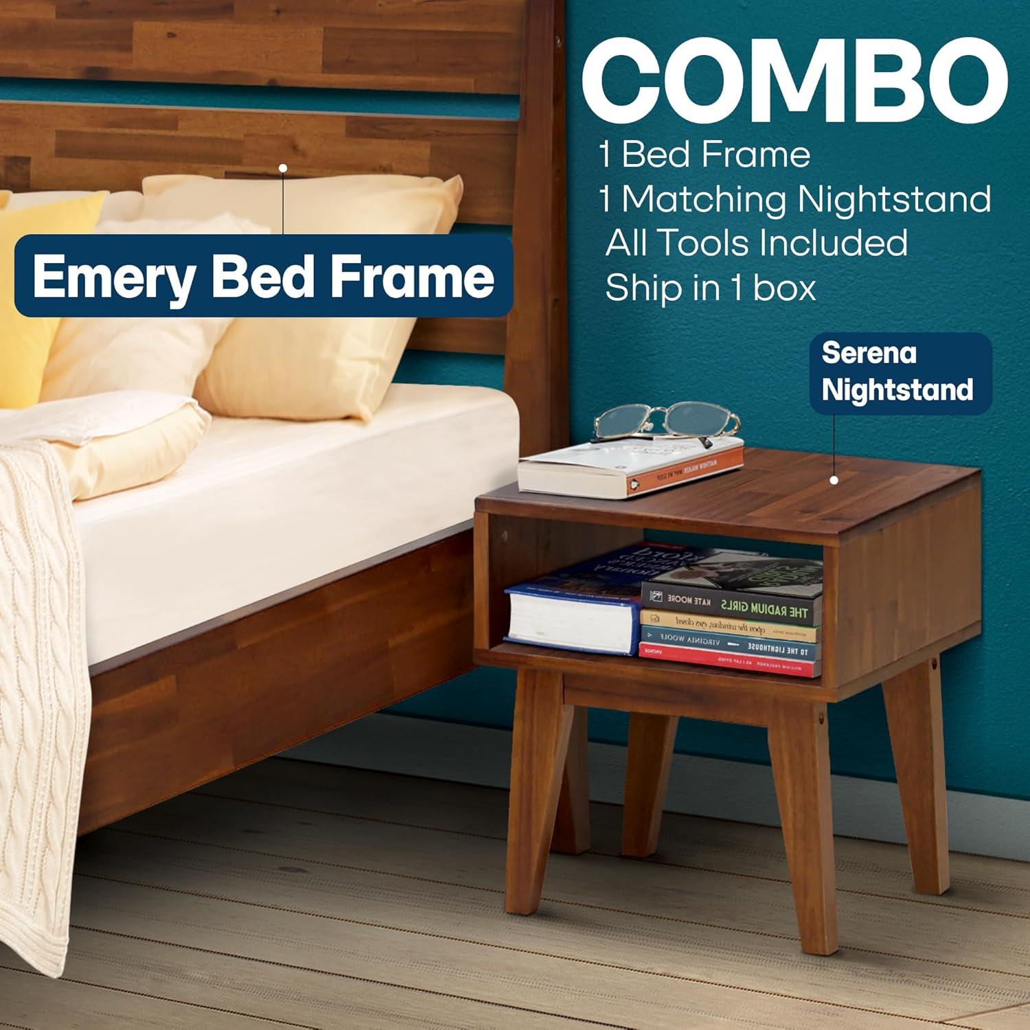 Acacia Emery 2-Pcs Bedroom Set – Solid Wood Platform Bed Frame & Matching Nightstand, Mid-Century Modern Farmhouse, 800 lbs Capacity, No Box Spring Needed