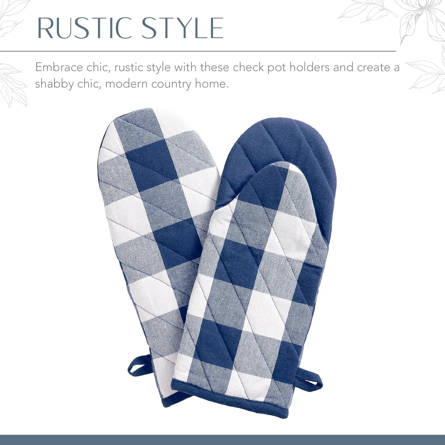 Blue and White Buffalo Check Cotton Oven Mitt Pair