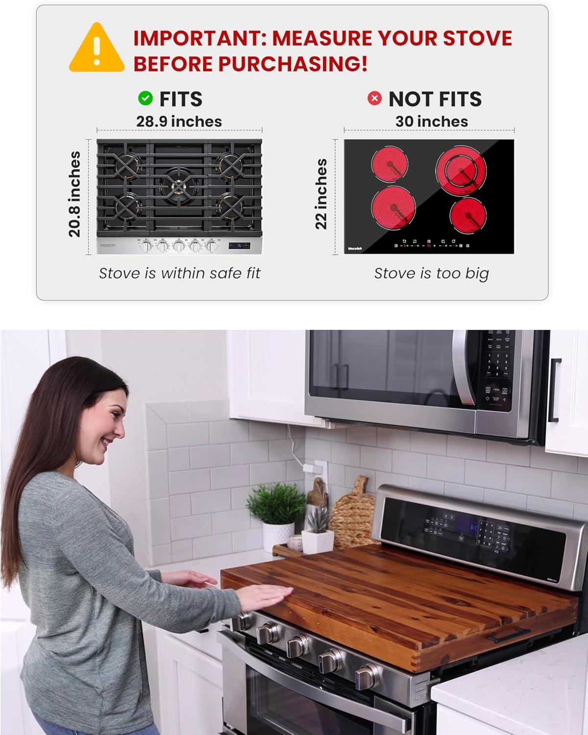 Stove Top Covers for Electric Stove with Handles 30”x22” (Outer) / 28.9”x20.8” (Inner) - Acacia Wood Noodle Board for Gas Stovetop - Stove Top Covers for Gas Burners (Acacia, 30"L x 22"W)
