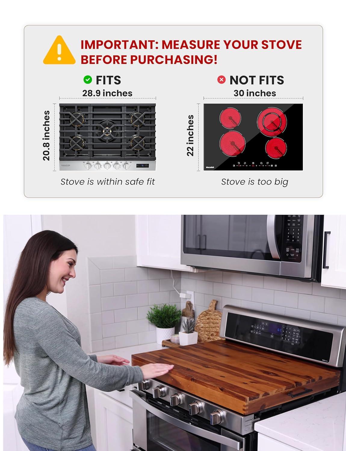 Stove Top Covers for Electric Stove with Handles 30”x22” (Outer) / 28.9”x20.8” (Inner) - Acacia Wood Noodle Board for Gas Stovetop - Stove Top Covers for Gas Burners (Acacia, 30"L x 22"W)