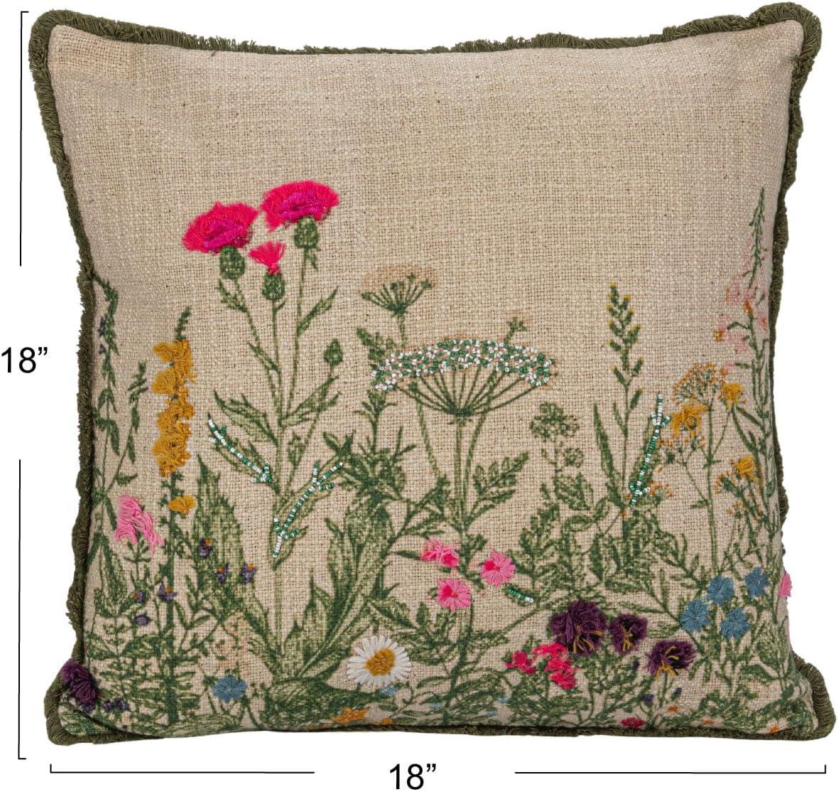 Multicolor Cotton Slub Embroidered Square Pillow