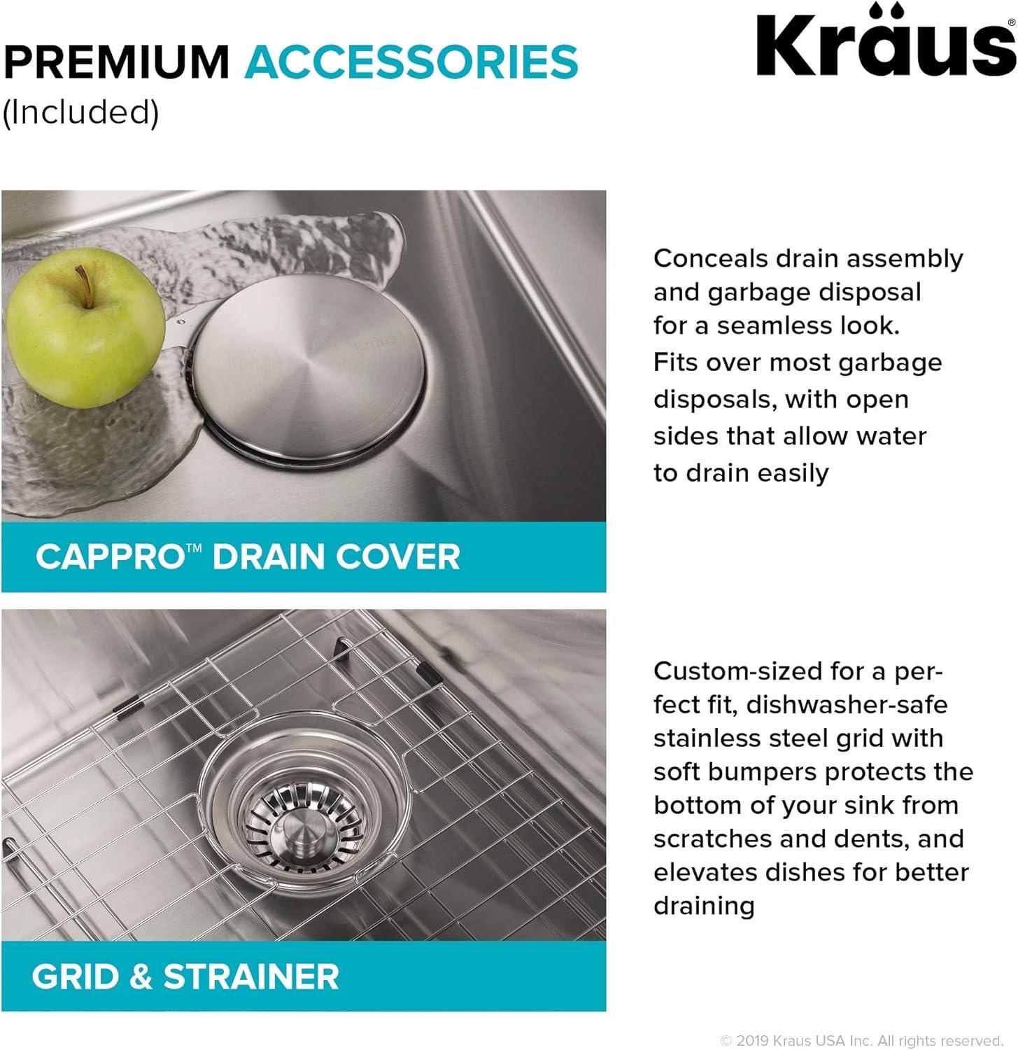 Kraus KHT411-25 Standart Pro Drop-in Topmount 16 Gauge Single Bowl 2-Hole Stainless Steel Set (5 Item Bundle: Sink, Bottom Grid, Assembly, Drain Cap, Kitchen Towel), 25 Inch, Tight Radius