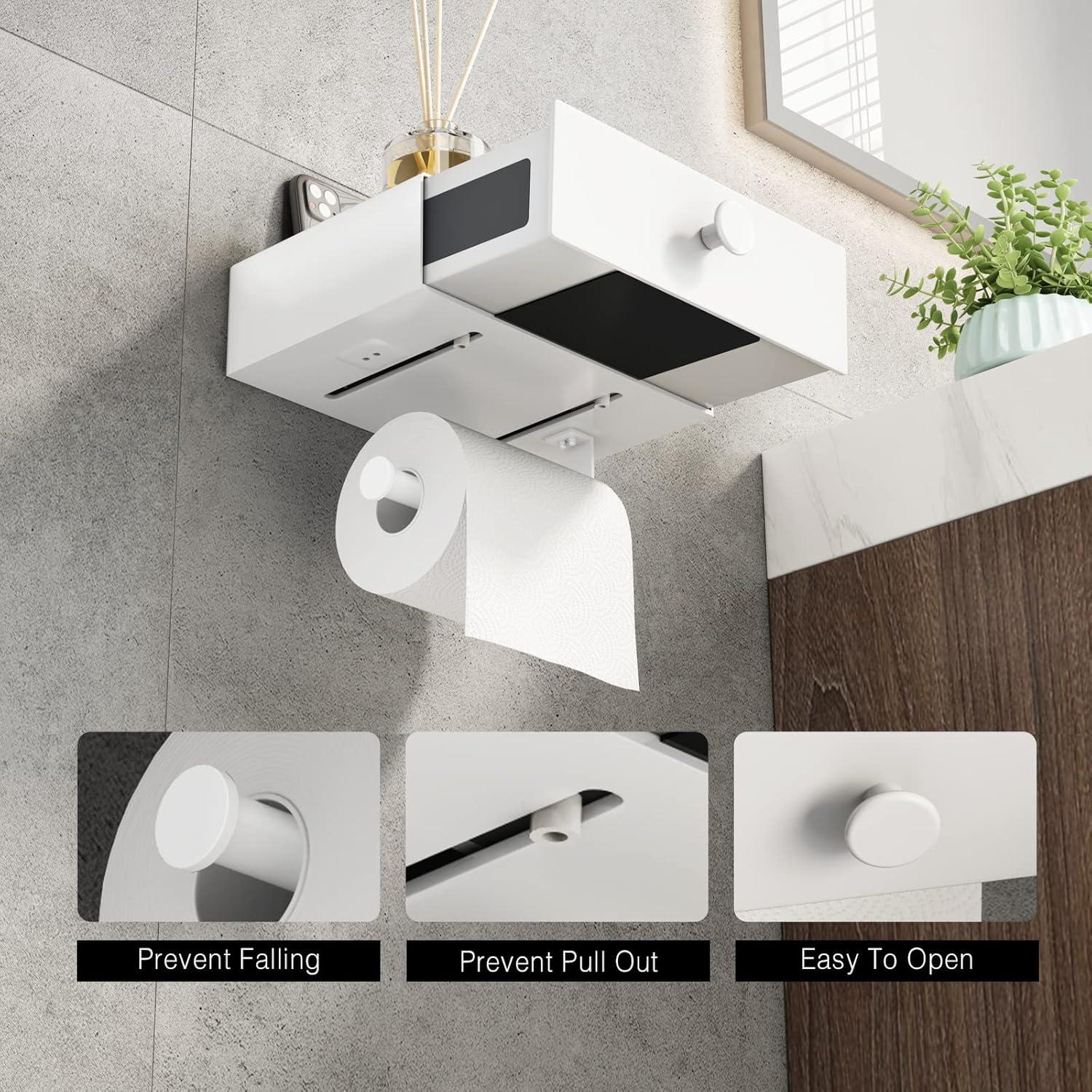 Wall-Mount Adhesive Toilet Paper Holder: Storage Drawer & Shelf - Matte White