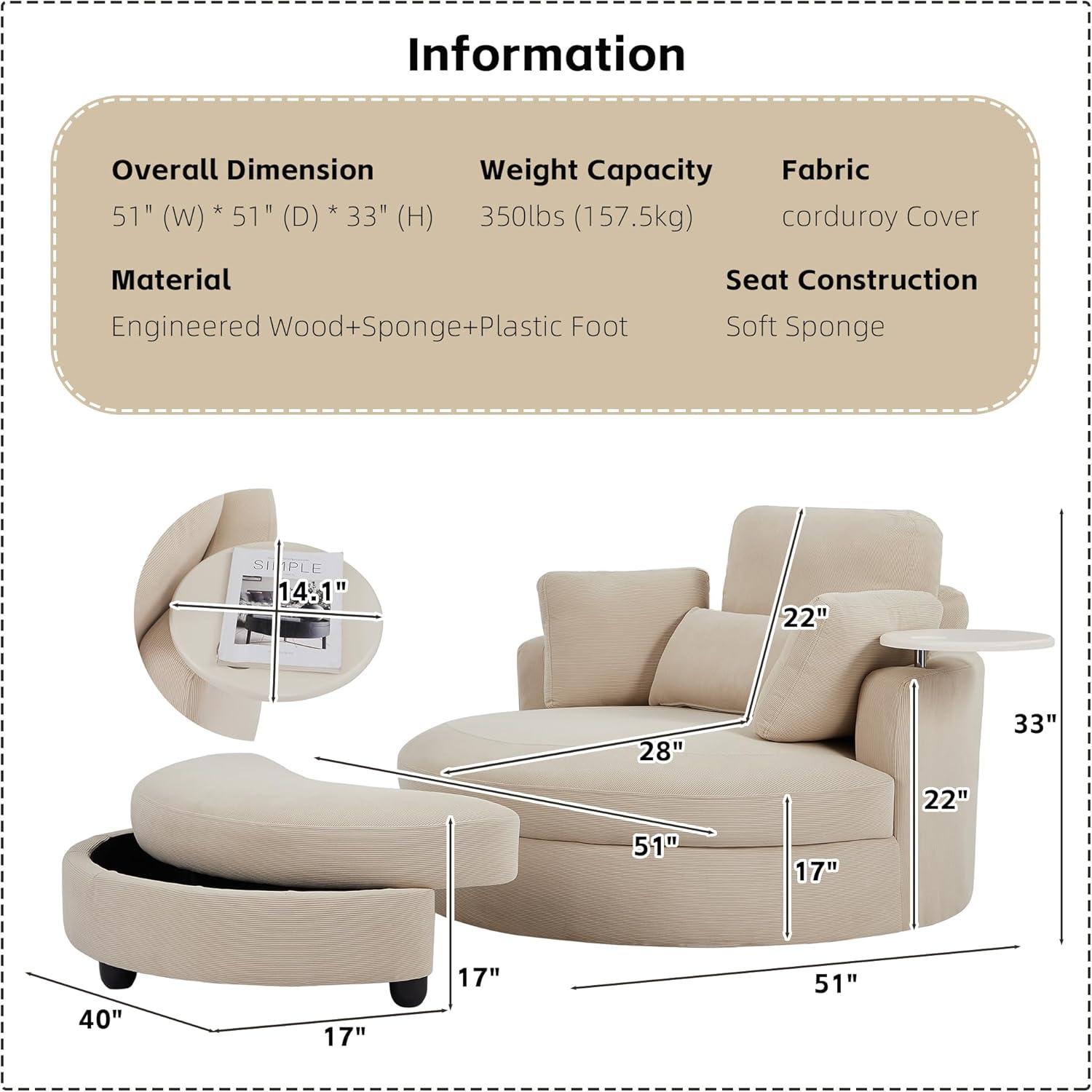 DEINPPA Swivel Round Barrel Chair with Storage Ottoman and 4 Movable Pillow Backrest, 360° Round Rotating Sofa Chair for Living Room, Hotel, Bedroom, Office, Lounge (Green + Chenille+ Foam)