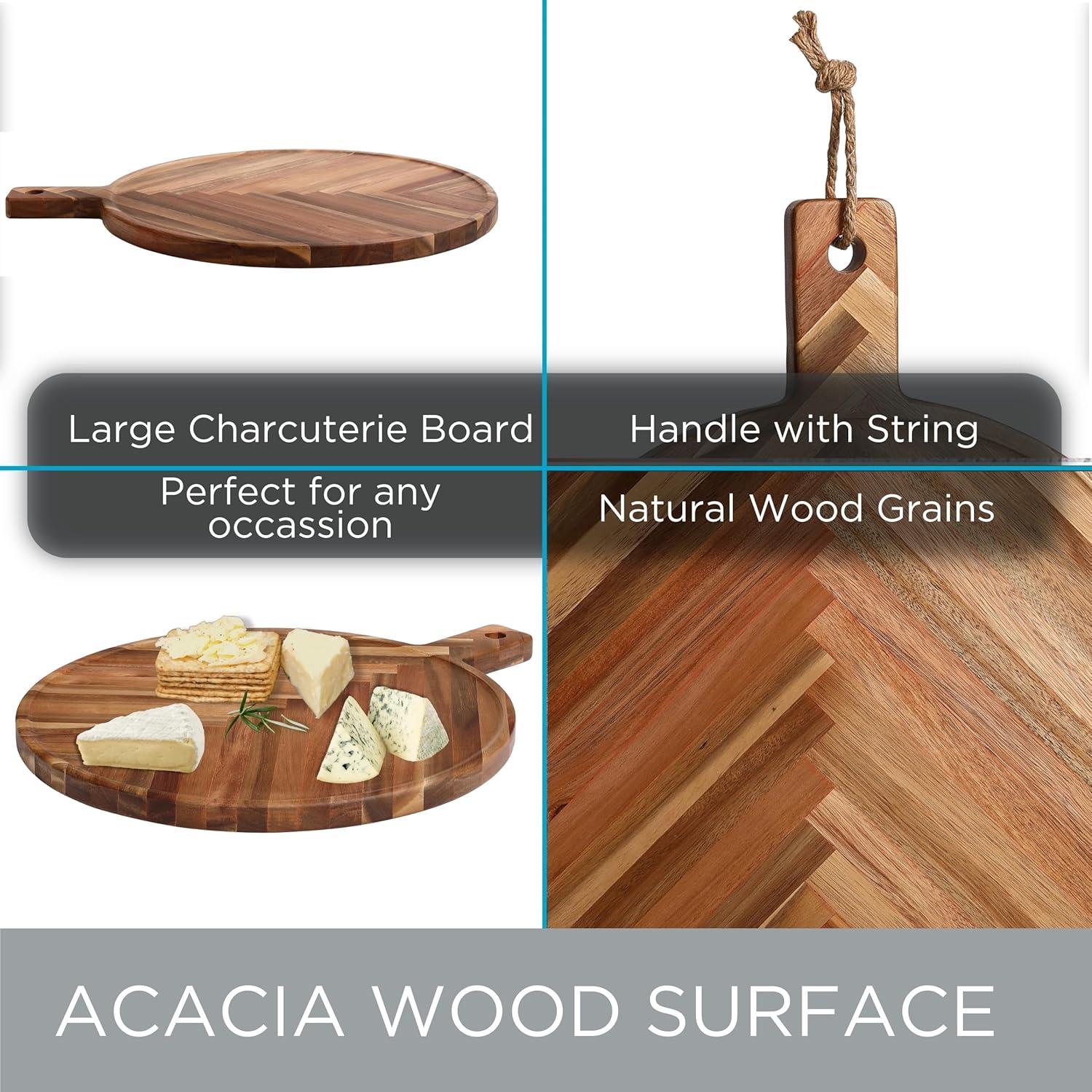 Large Round Acacia Wood Herringbone Serving Board with Handle