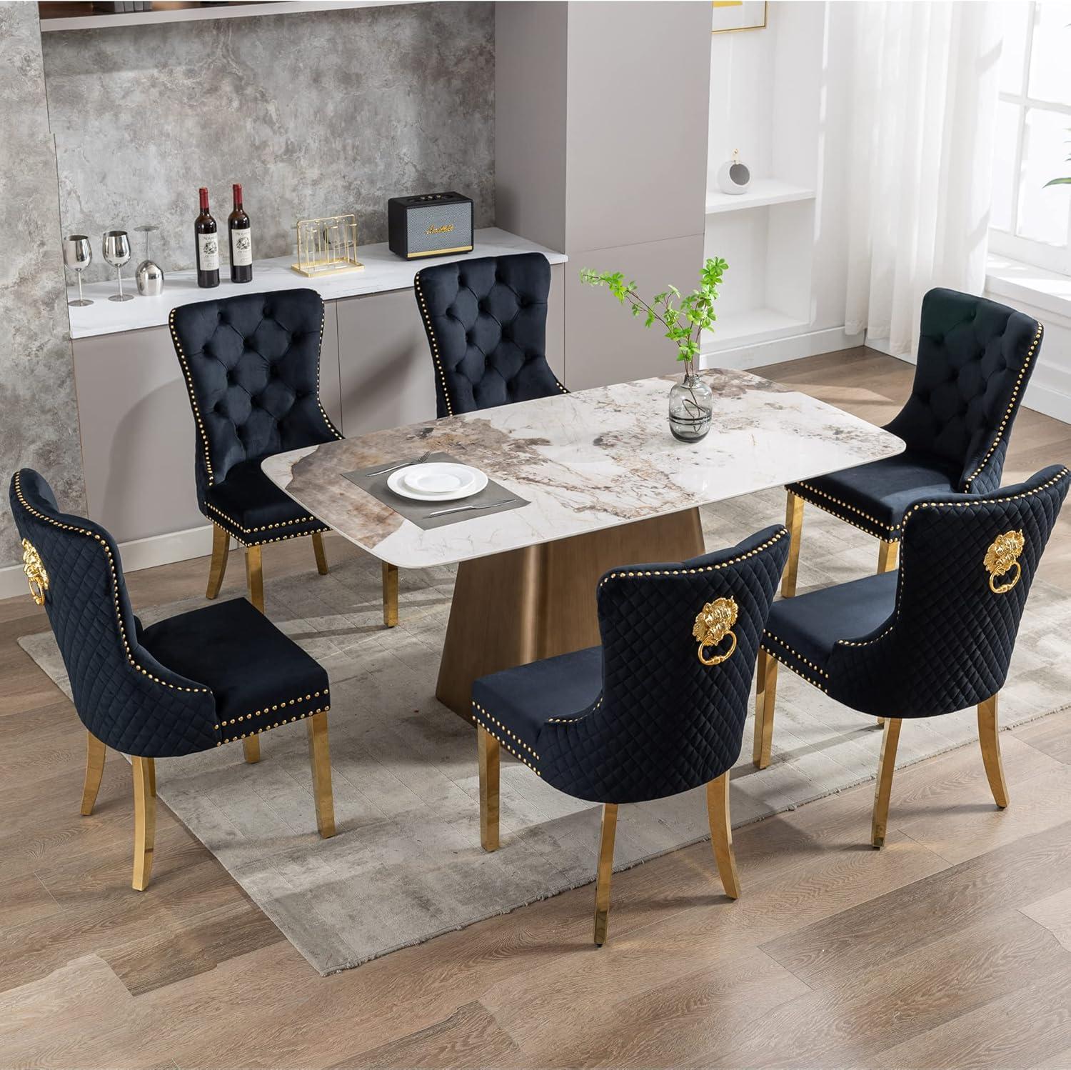 ODUSE-DAILY Black Velvet Dining Chairs Set of 6, Kitchen & Dining Room Chairs, Nailheads Tufted, Sillas De Comedor, Fabric Upholstered, Golden Metal Legs (Black, 6 Pcs)