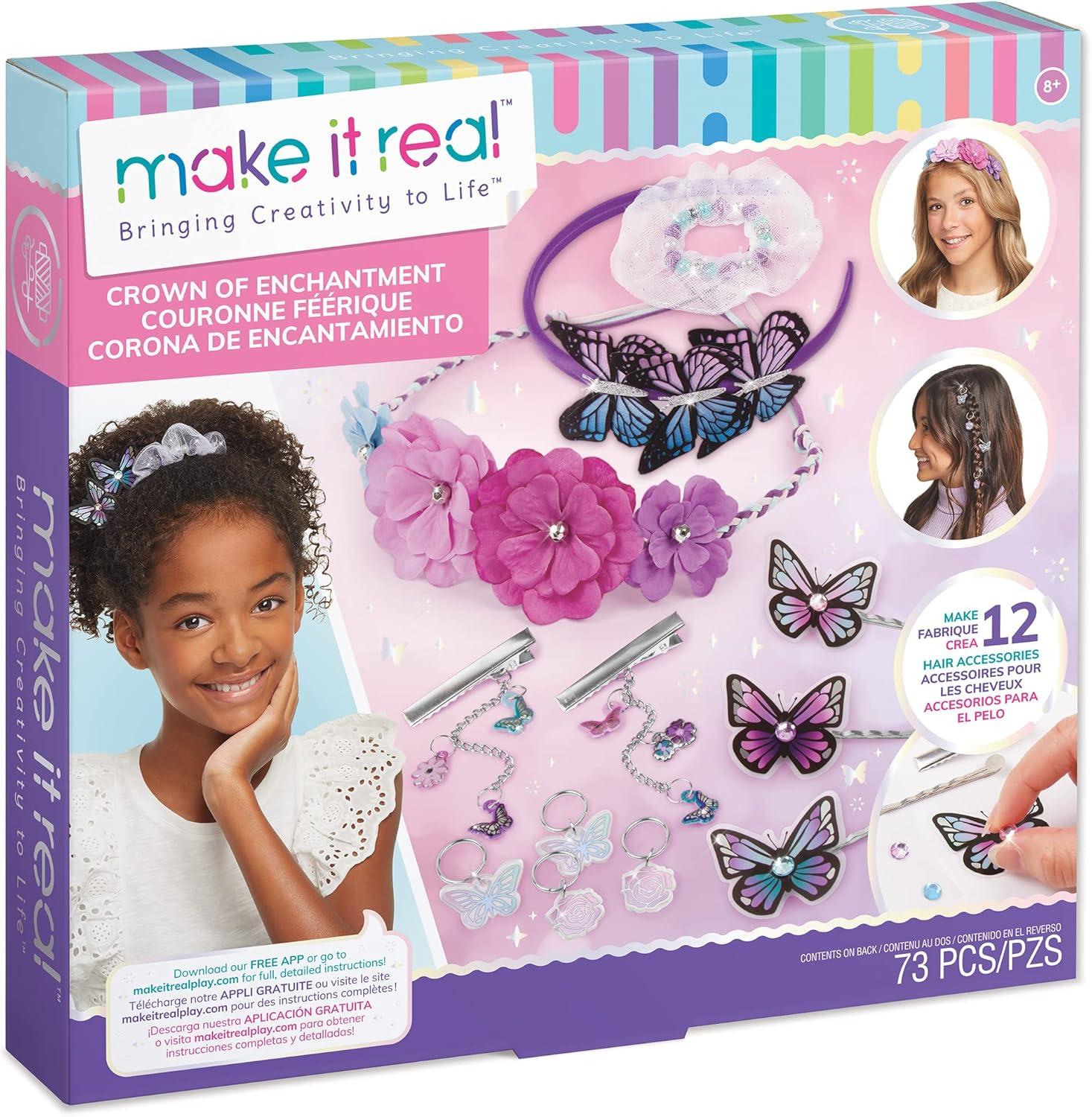 Make It Real: Crown Of Enchantment - DIY Jewelry Kit, Create Up To 12 Eye-Catching Charm Hair Accessories, Butterflies, Pink Purple Blue, 73 Pieces, All-In- 1 DIY KIT, Tweens & Girls, Kids Ages 8+