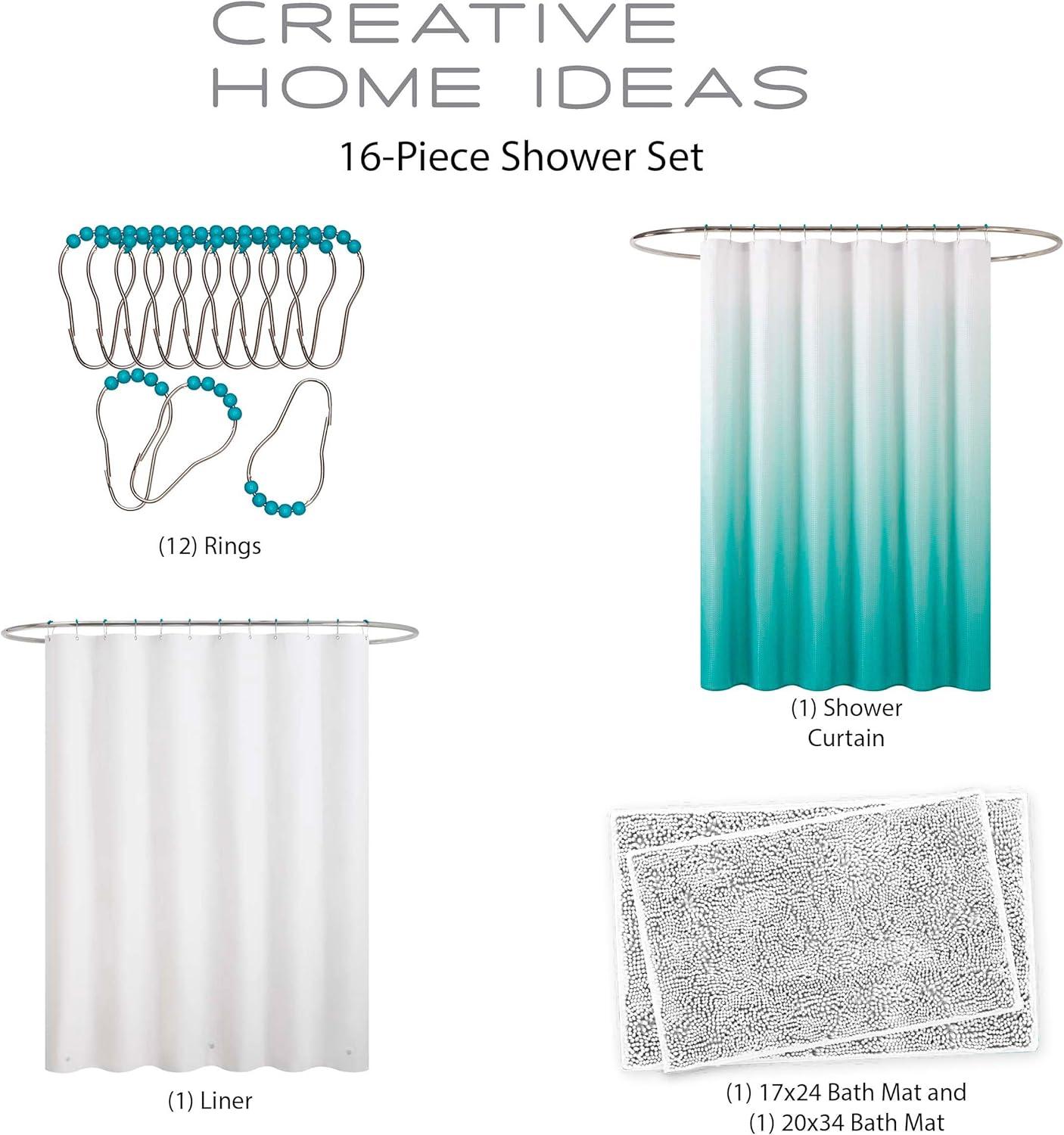 Creative Home Ideas Bathroom Sets with Shower Curtain and Rugs| Shower Curtain Sets with Rugs, Shower Curtain, Liner Set, 2 Chenille Bathmats and 12 Hooks | 70 x72 | White/Turquoise Ombre